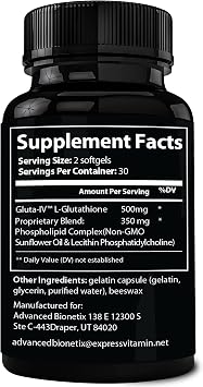 Advanced Bionetix 850mg Liposomal Glutathione Supplement | 60 Total Liposomal Softgels | Antioxidant Supplement w/Gluta-IVTM, 100X Absorption Over Powder Glutathione
