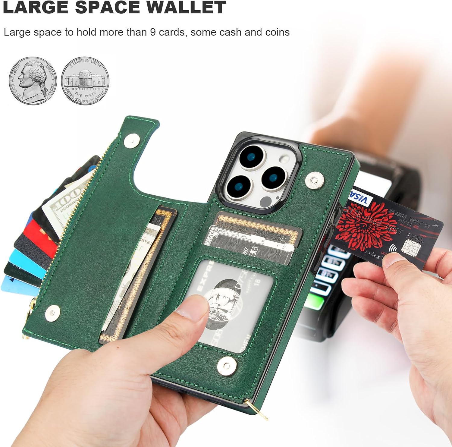 Bocasal Crossbody Wallet Case for iPhone 16 Pro with RFID Blocking Card Slot Holder, Magnetic Flip Folio Purse Case, PU Leather Zipper Handbag with Detachable Lanyard Strap 6.3 Inch 5G (Green)