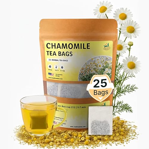 Bolsas de té de manzanilla - 25 bolsas (Té natural puro de hojas premium - 25 unidades) Té herbal sin gluten y sin cafeína para relajación