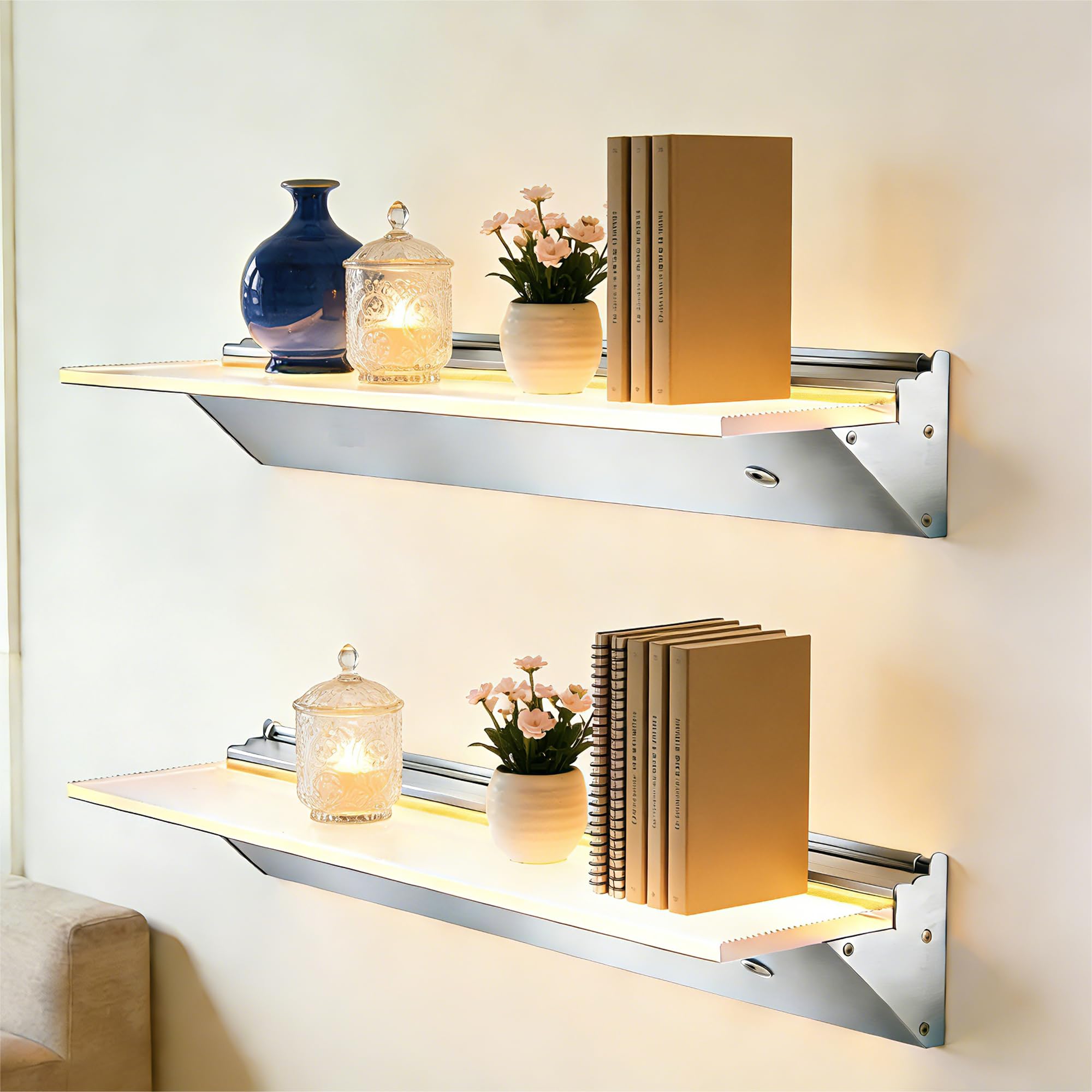 Wandregale 60cm Schwebende Regale, Ausstellungsregal mit beleuchtetem LED-Licht, 3 Farbe modi, Leuchtregal aus Satiniertes gehärtetes Glas, Sensorgesteuert, 2 Stück an der Wand montierte, Weiß
