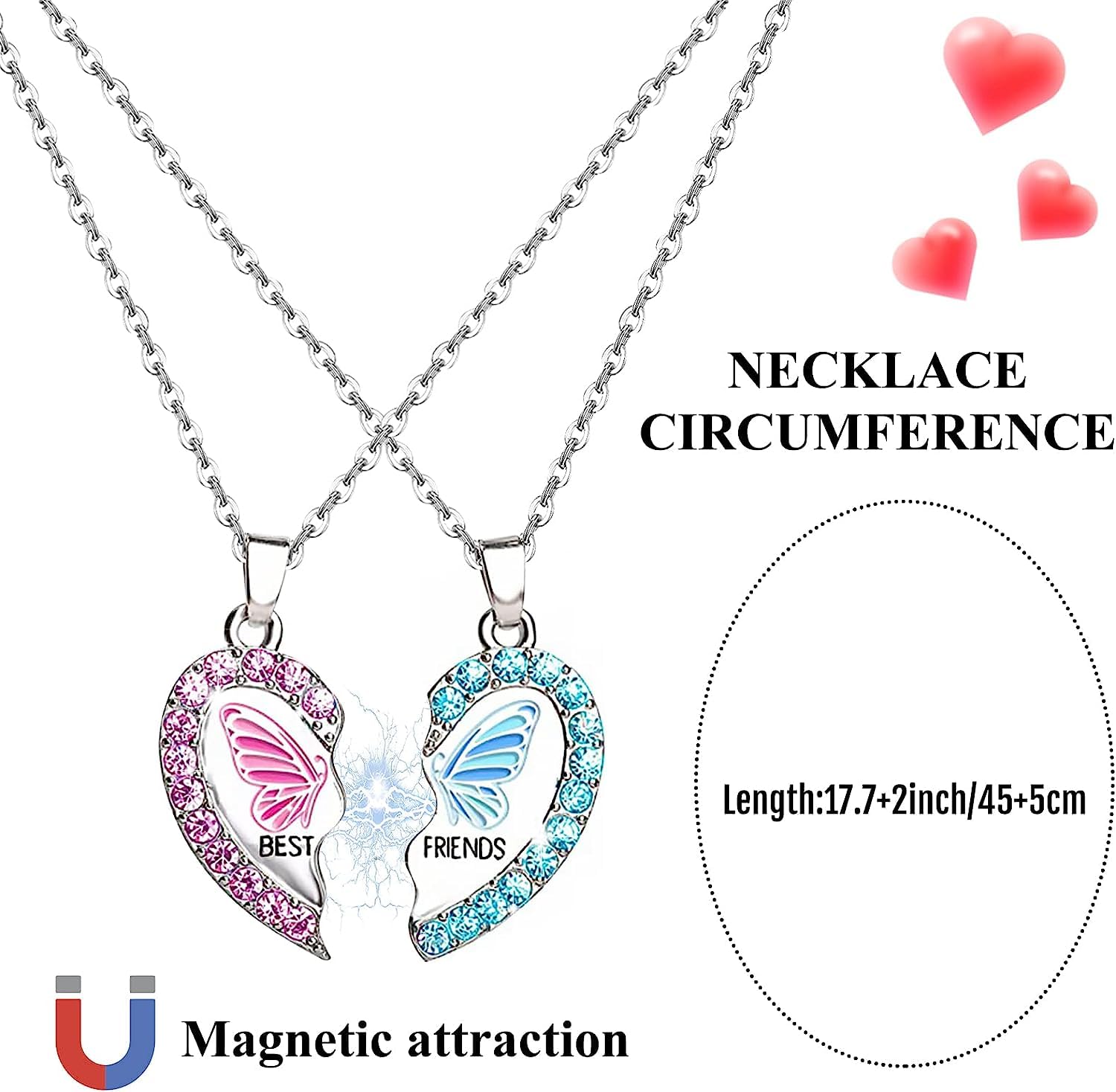 2 Pcs Bff Forever Split Magnetic Pendant Necklaces- Pink & Butterfly