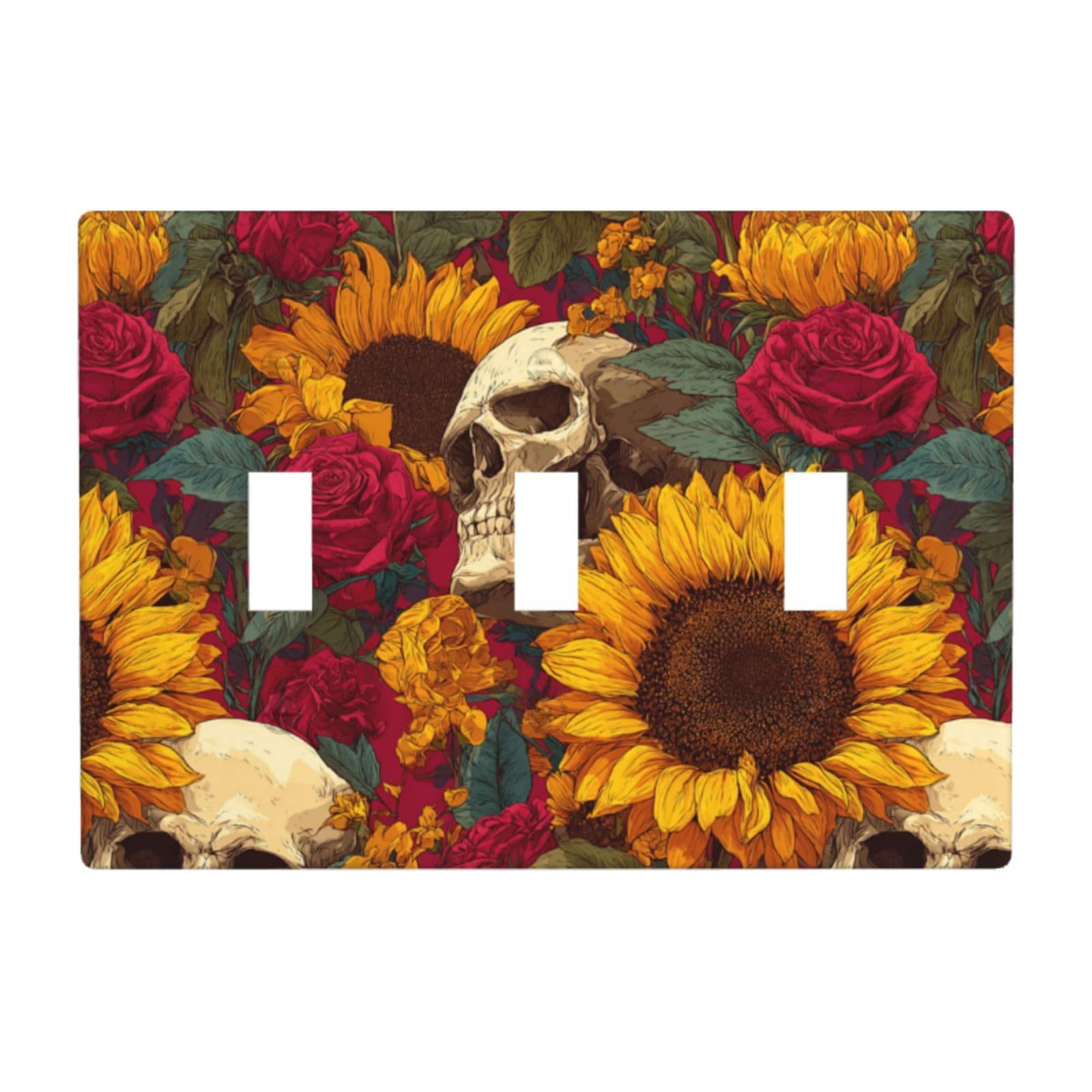 Woshuwo White Sunflowers Roses Skull Light Switch Covers 3 Gang Triple Toggle Wall Plate Switchplate Electrical Faceplate For Bathroom Kitchen Bedroom Decor