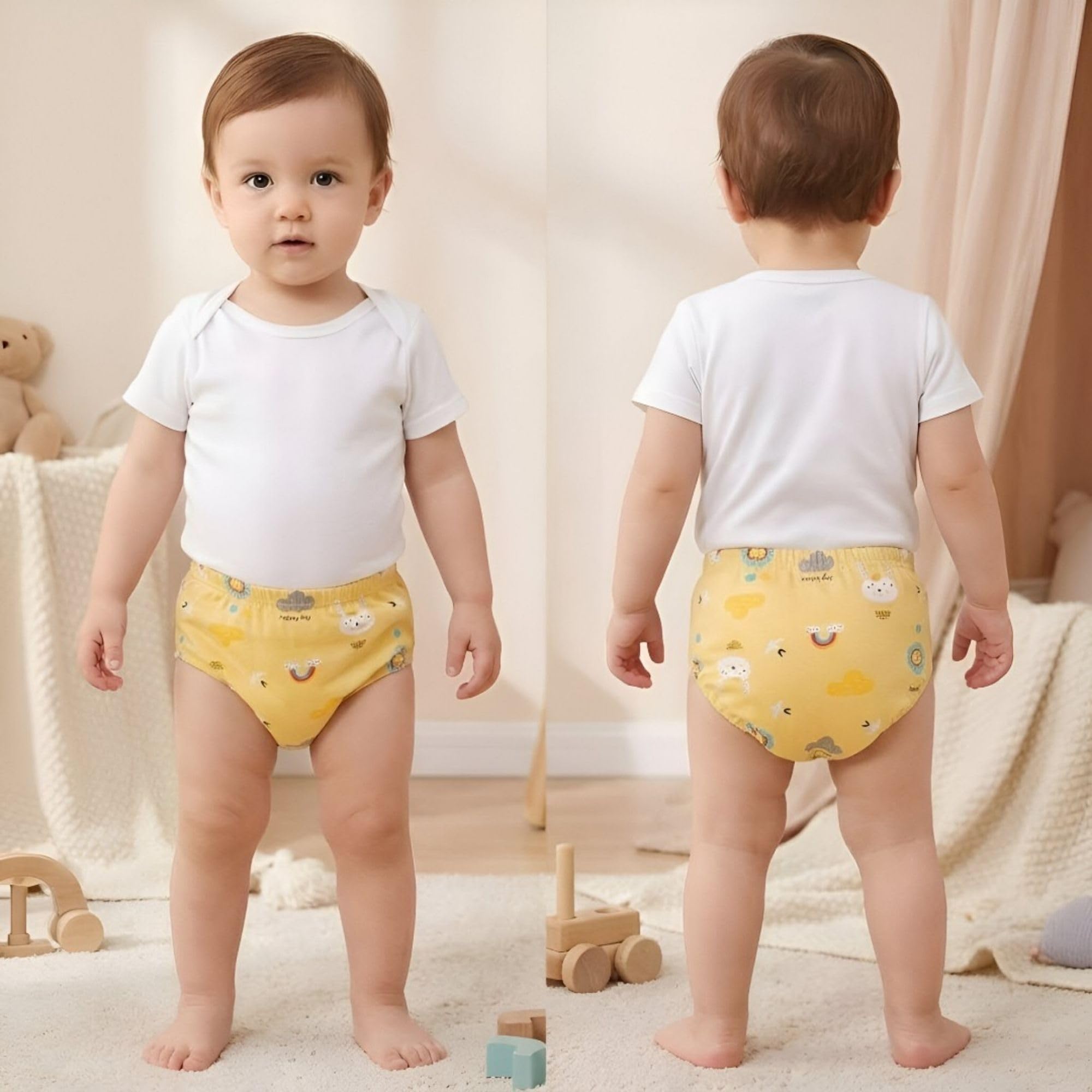 BEMBIKA Potty Training Pant for Babies Cotton Reusable Leakproof Padded Underwear for Kids Ideal for Diaper-Free Time & Mess-Free Potty Training - (Yellow Animal - 18M to 24M-L)