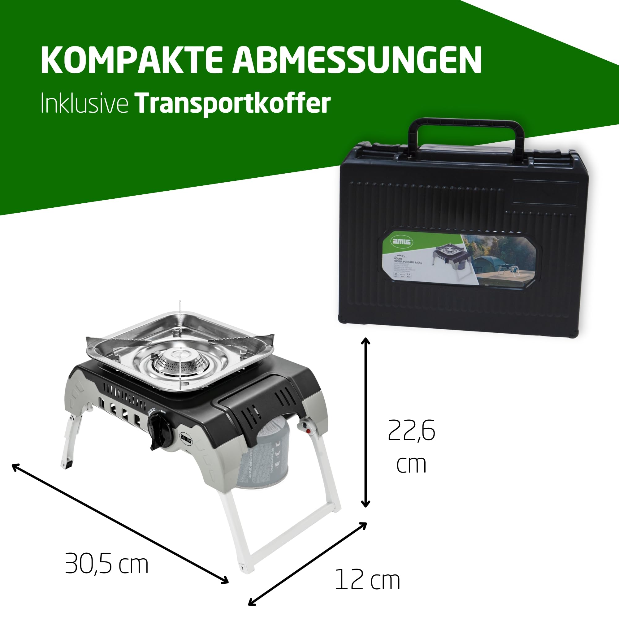Amig – Camping Gas Möunt - Tragbarer Gaskocher für den Außenbereich – mit Edelstahlhalterung und Flammenregler – 2,4 kW Leistung – Für Ausflüge und Camping
