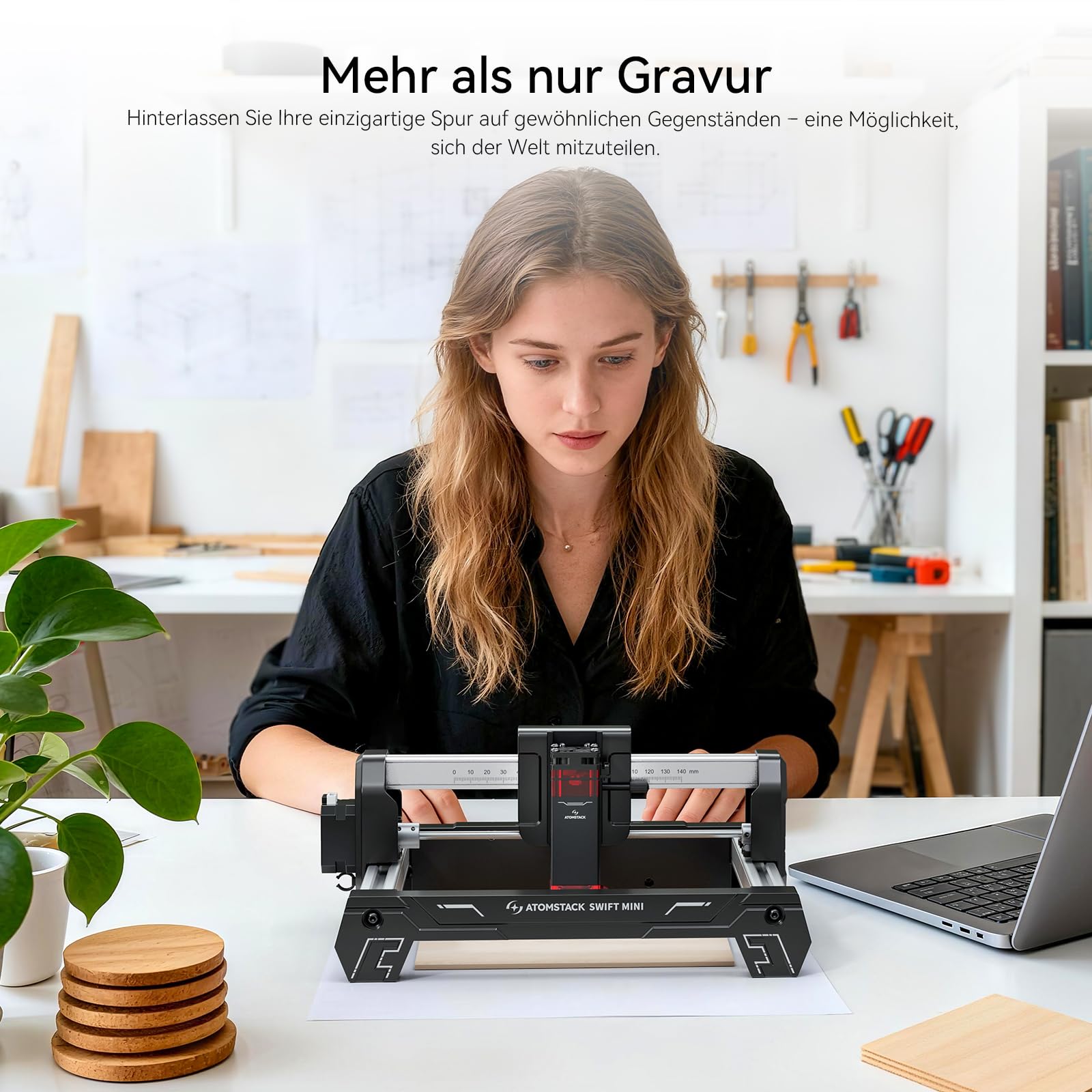 ATOMSTACK Swift Mini 3W Graviermaschine, 100% Vormontiertes Einsteigergerät, 135 × 145 mm Arbeitsbereich, WLAN/Hotspot/USB, Lasergravierer Für Holz, Leder, DIY-Geschenke,Artesanía 3000 mW