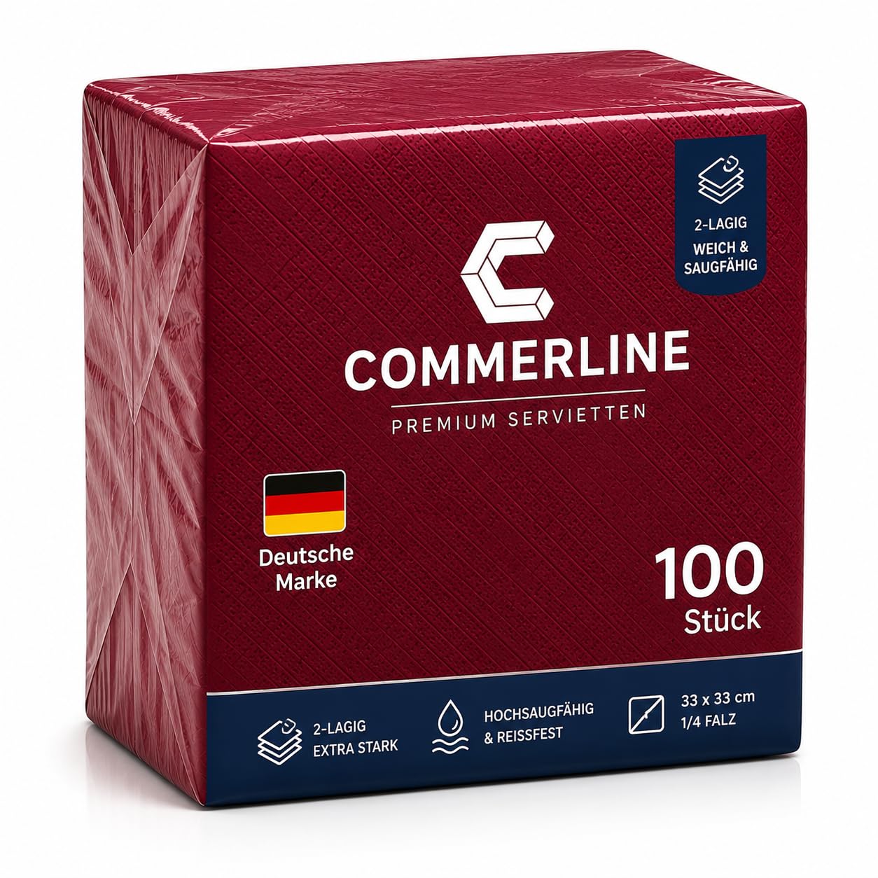 Commerline Lot de 1000 serviettes bordeaux - 33 x 33 cm - 2 couches - Pliage 1/4 - Douces et absorbantes - Pour restauration, restaurant, restauration, fête, anniversaire et événements - Serviettes