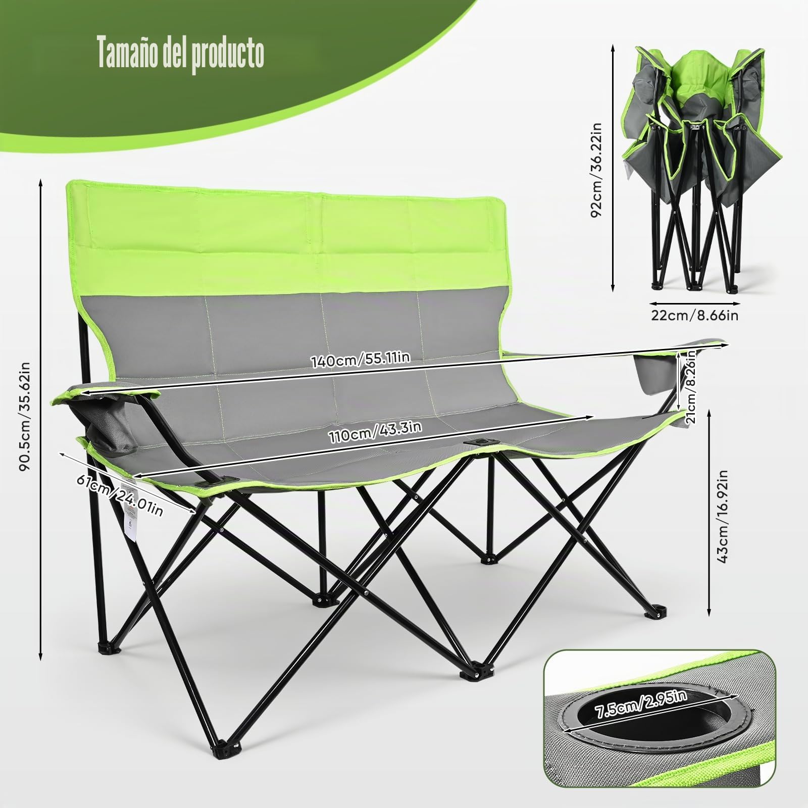 Silla de camping doble Rhyvorax para 2 adultos, sillas de camping plegables de alta resistencia con portavasos, silla de playa portátil para exteriores, jardín, picnic, pesca – Soporta 300kg (Verde +