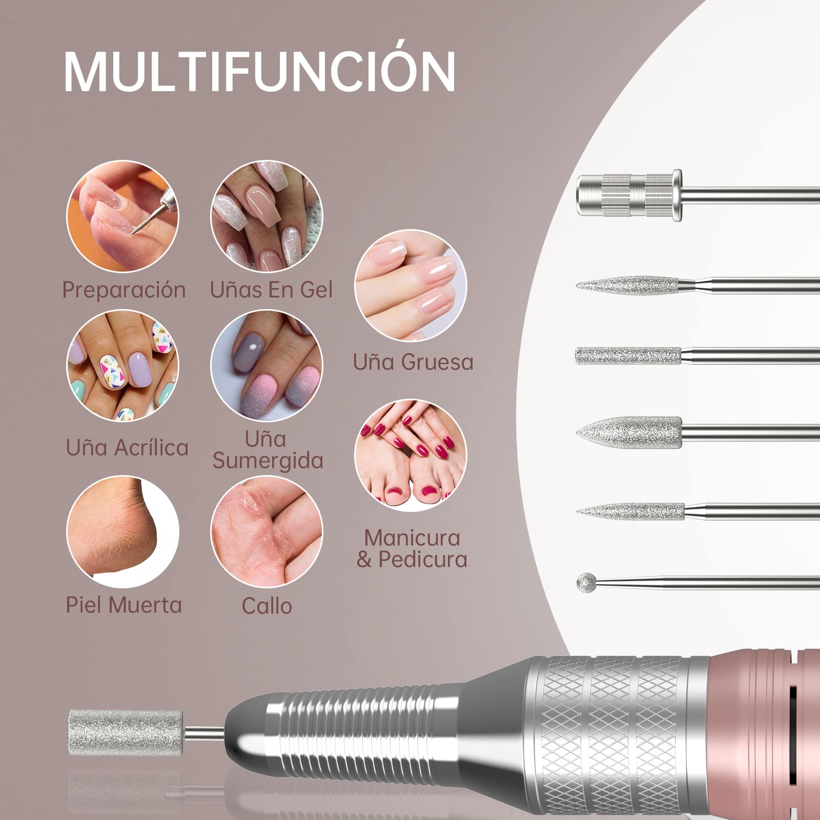 Kredioo Torno para Uñas Profesional 35000RPM Pórtatil＆Recargable 6 Brocas Lima Eléctrica de Manicura y Pedicura Pulidor Set Taladro de Clavo Eléctrico Limado Kit Set de Fresas LCD con Batería Rosa