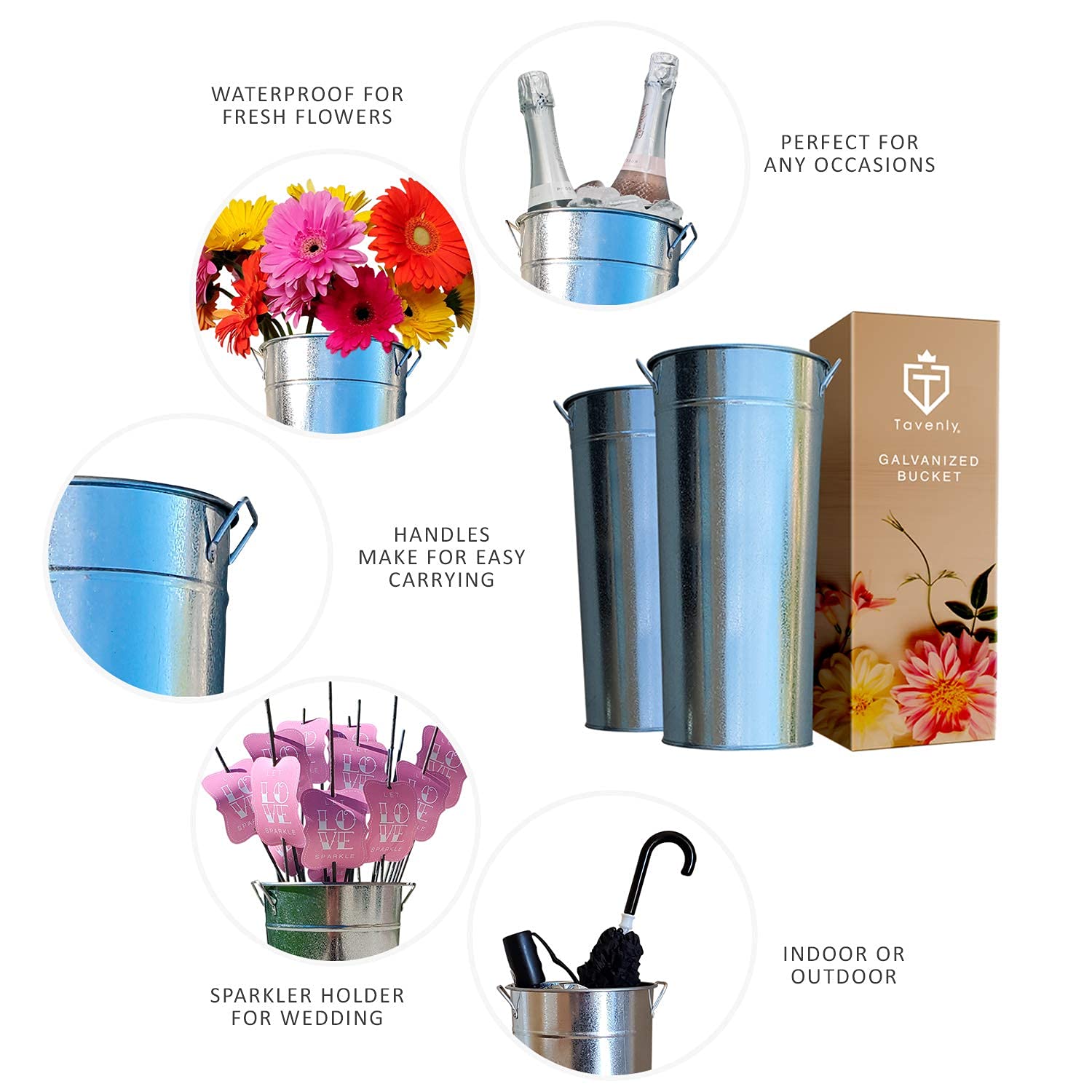 Buy Tavenly 15" Galvanized Vase 2 Pack of Sparkler Bucket Tall Vases