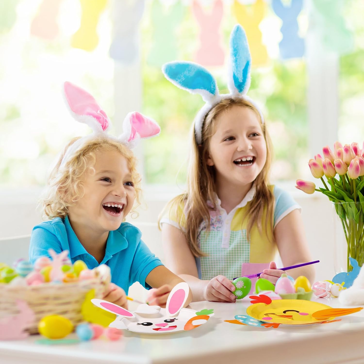 Layhit 24 Pcs Easter Paper Plate Craft Kits for Kids, DIY Art Projects with Bunny Chick Sheep Egg Designs, Preschool Educational Early Learning Toys, Easter Party Favors Classroom Activities