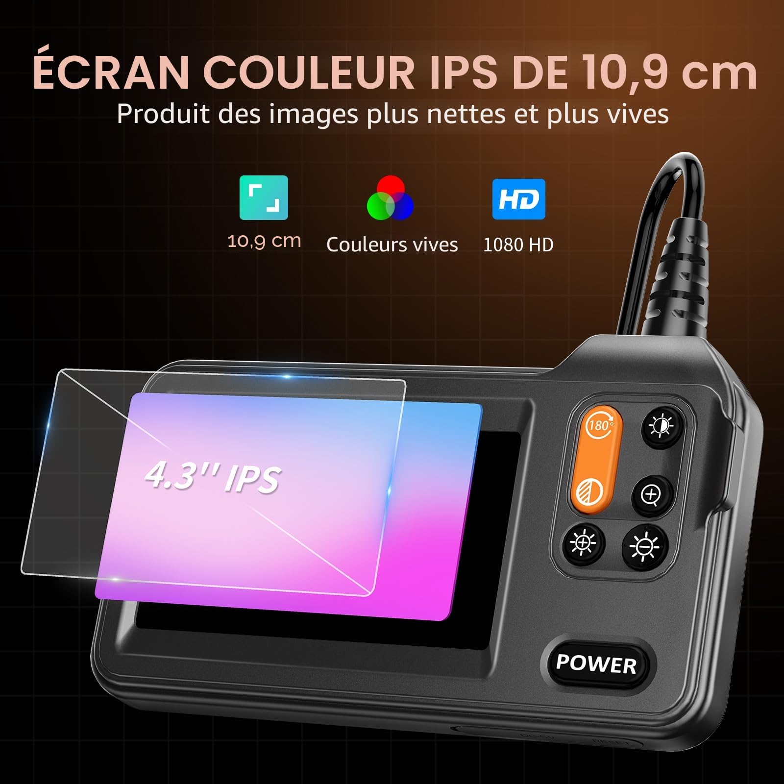 Caméra Endoscopique 10M, Hopefox 1080P HD Ecran IPS 4,3 Pouces Endoscope Camera, IP67 Caméra Inspection Canalisation, Câble Semi-Rigide, 8 LED Réglables, Gadget pour Mécanique Auto/Plomberie