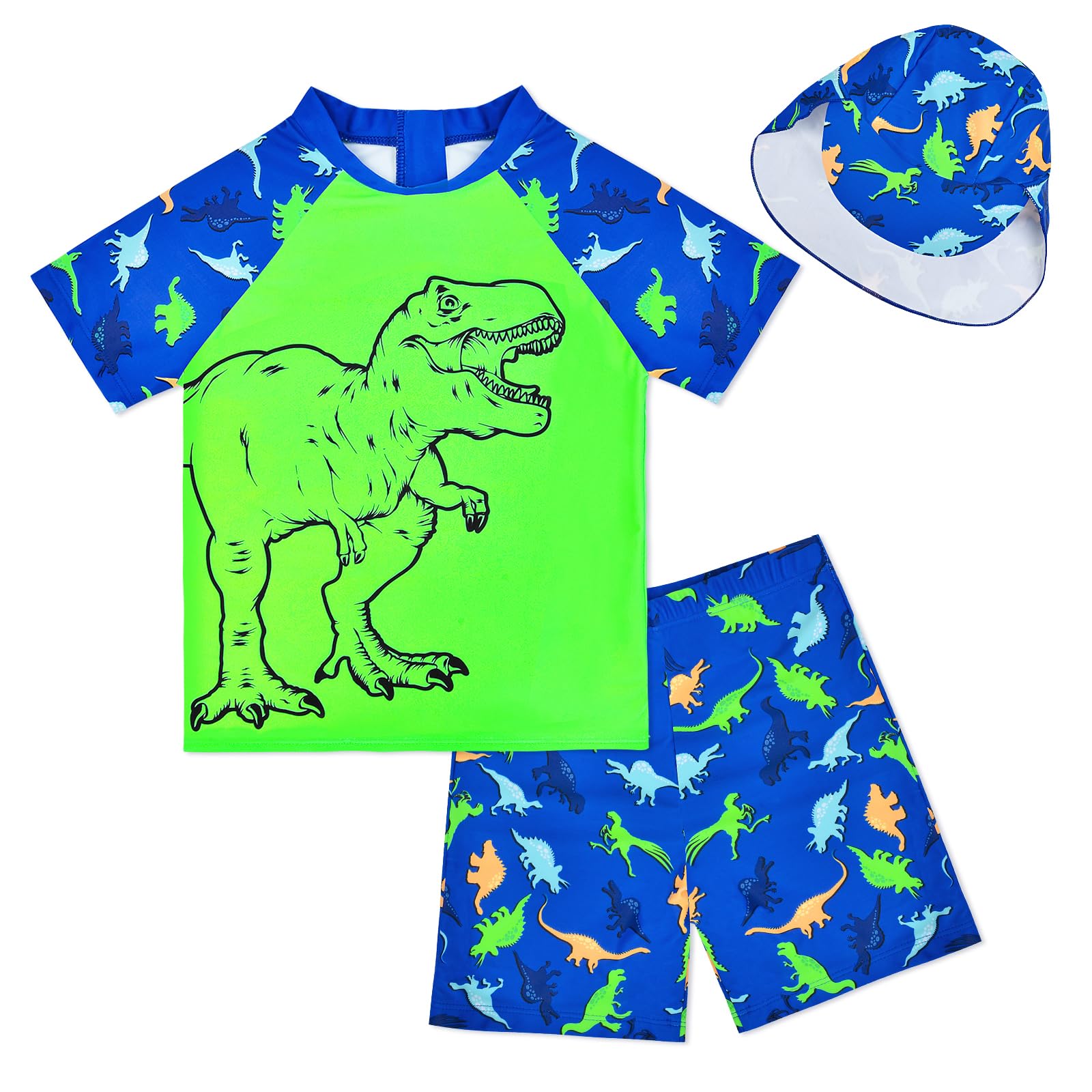Boys Two Piece Rash Guard Swimsuits Kids Short Sleeve Swimwear Sets Bathing Suit with Sun Hat for 2-6 Years
