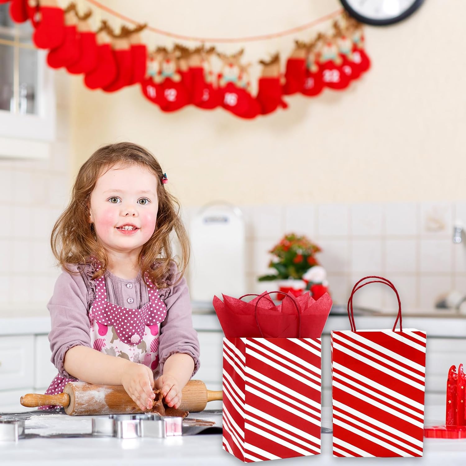 JarThenaAMCS 30Pcs Christmas Paper Bags with 50 Sheets Tissue Paper Red White Stripe Treat Gift Bags with Handles Candy Goodie Bags for Winter Xmas New Year Party Supplies - Image 7