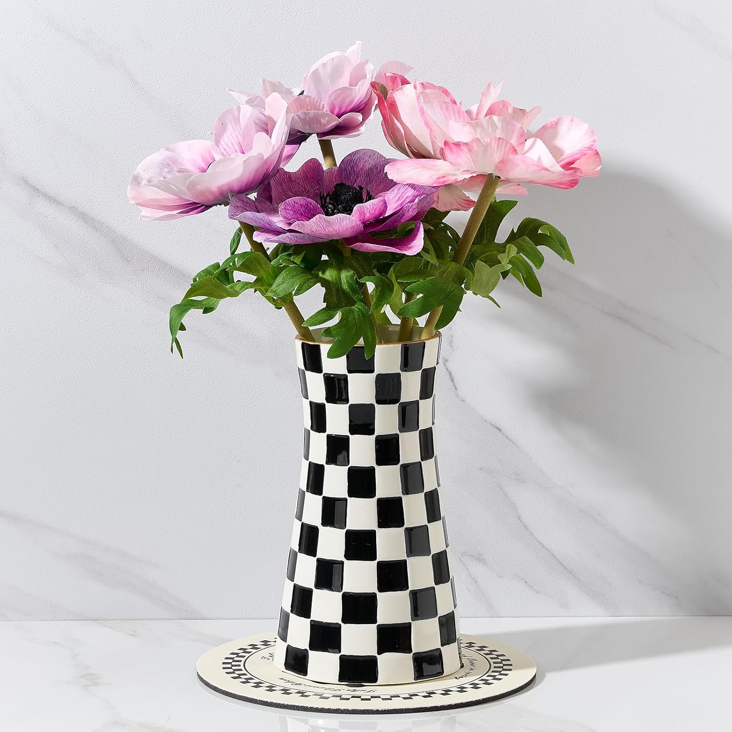SIDUCAL Elegant Black and White Checkered Pattern Ceramic Vase – Modern Home Décor Flower Vase for Living Room, Office, Dining Room, Shelf, Entryway, Wedding, Table