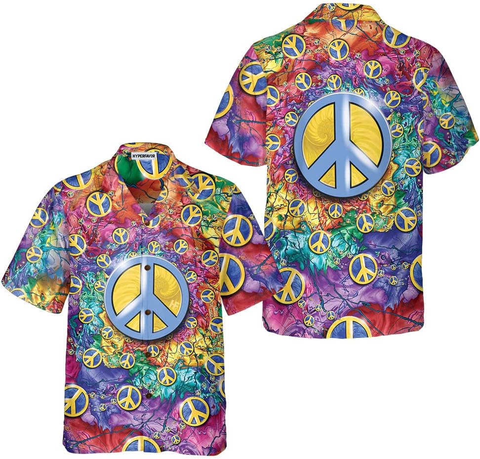 Hippie Peace Sign Hawaiian Shirt, Colorful Hippie Sign Shirt, Best Hippie Gift Ideas, Aloha Beach Shirt, Men's Shirt Summer, Short Sleeve, Beach Shirts, Summer Hawaiian