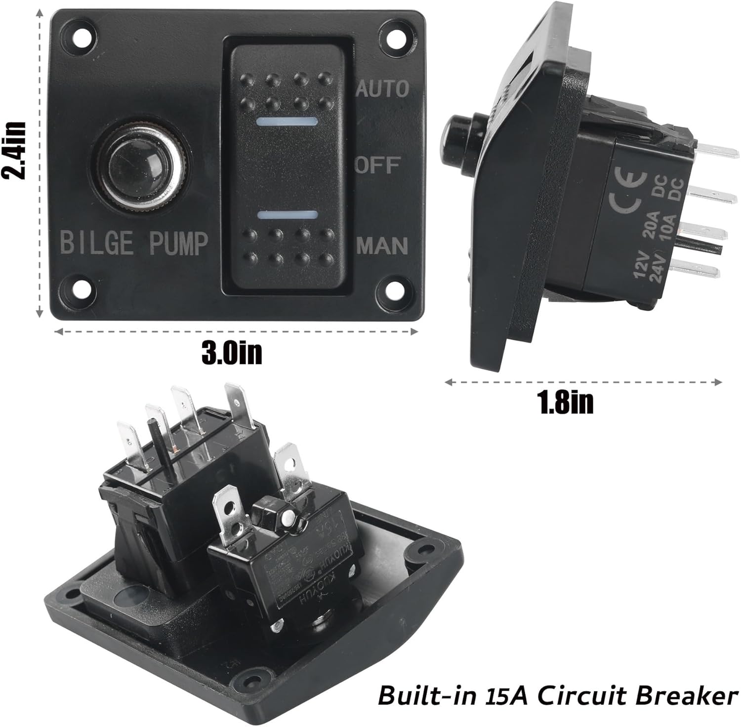 1100GPH Boat Automatic Bilge Pump, 12V 24V 3-Way Bilge Pump Switch Panel with Built-in Circuit Breaker, Float Switch & Complete Installation Kit for Motorboat Fishing Boats Accessories