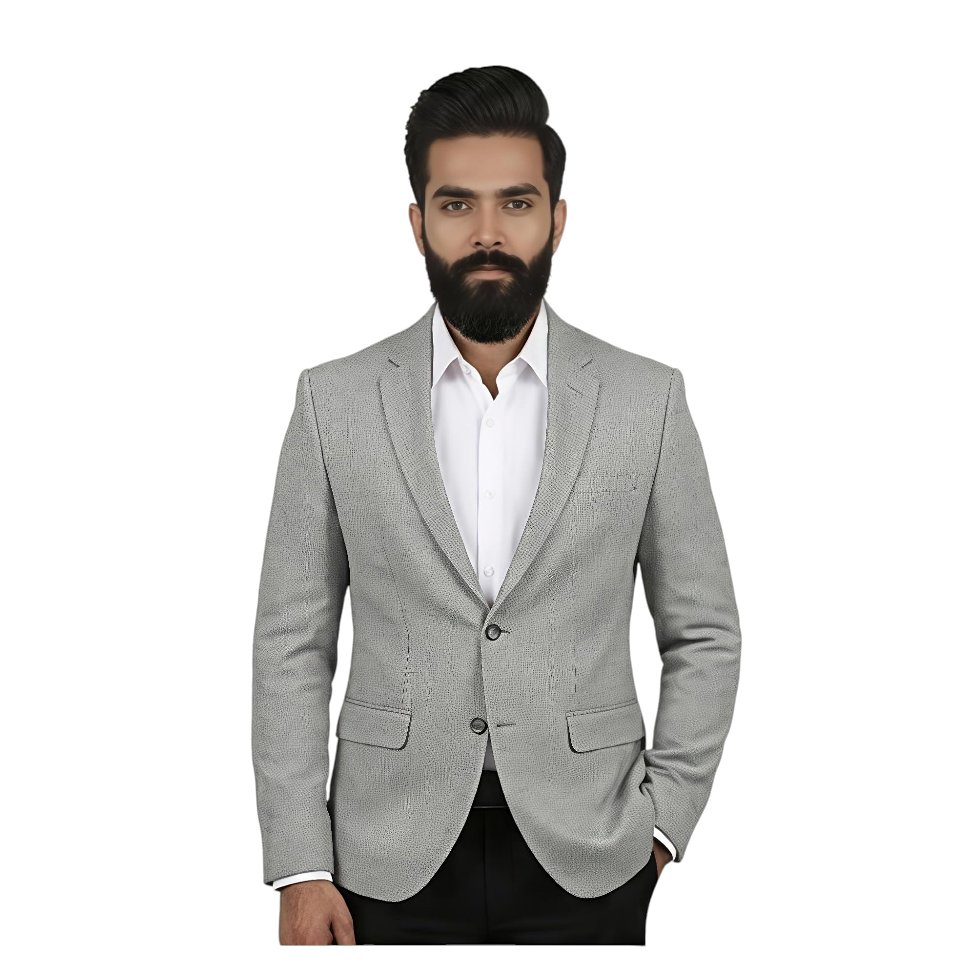 Men's Slim Fit Light Grey Textured Blazer, Polyester Blend, Notch Lapel, Two-Button, Smart Casual Formal Jacket-picture-47