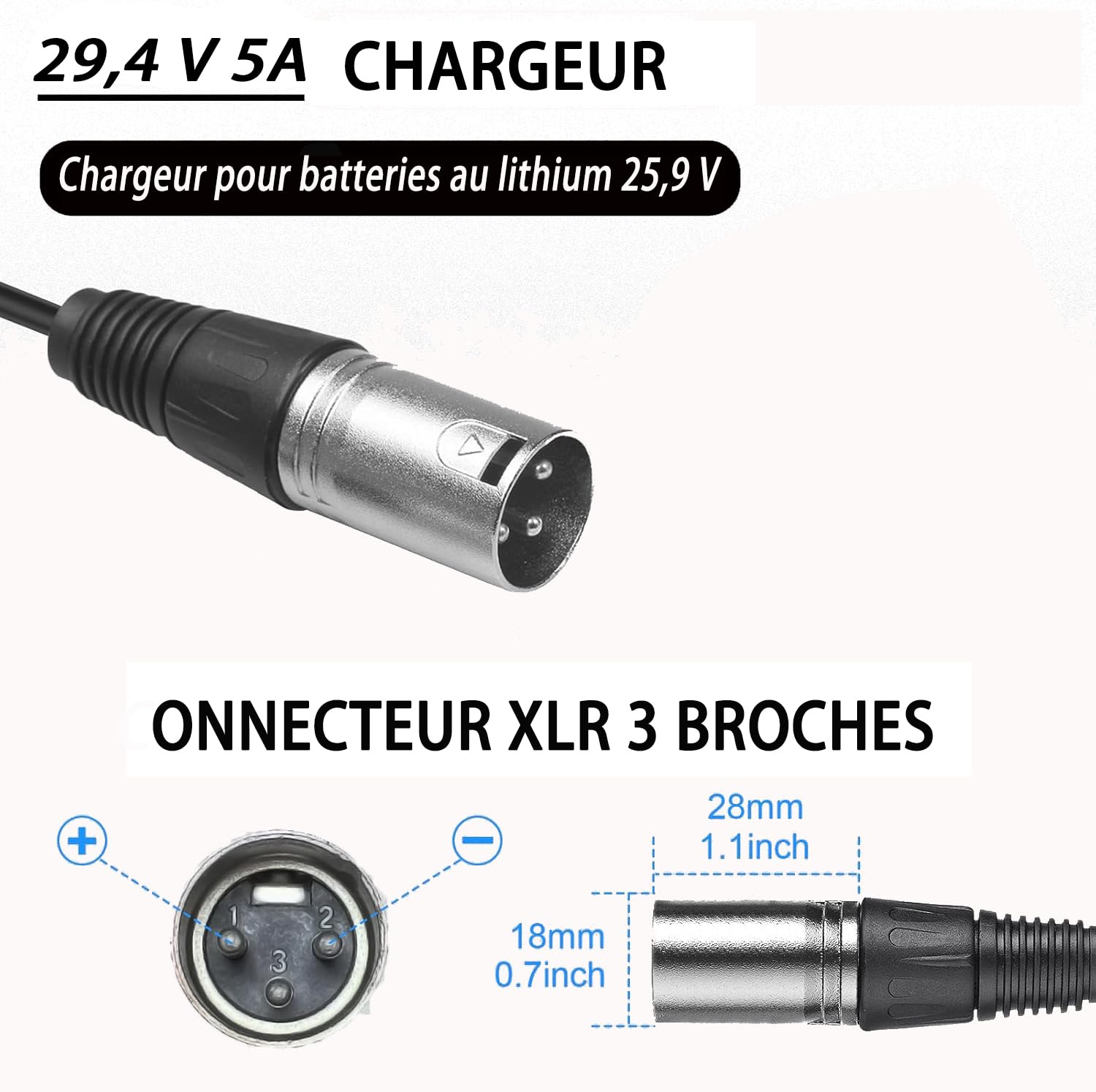 QDD - Adaptador de corriente (29,4 V, 5 A, para bicicleta eléctrica, Scooter de movilidad, cargador de batería de litio, 24 V, 25,9 V, conector XLR de 3 pines