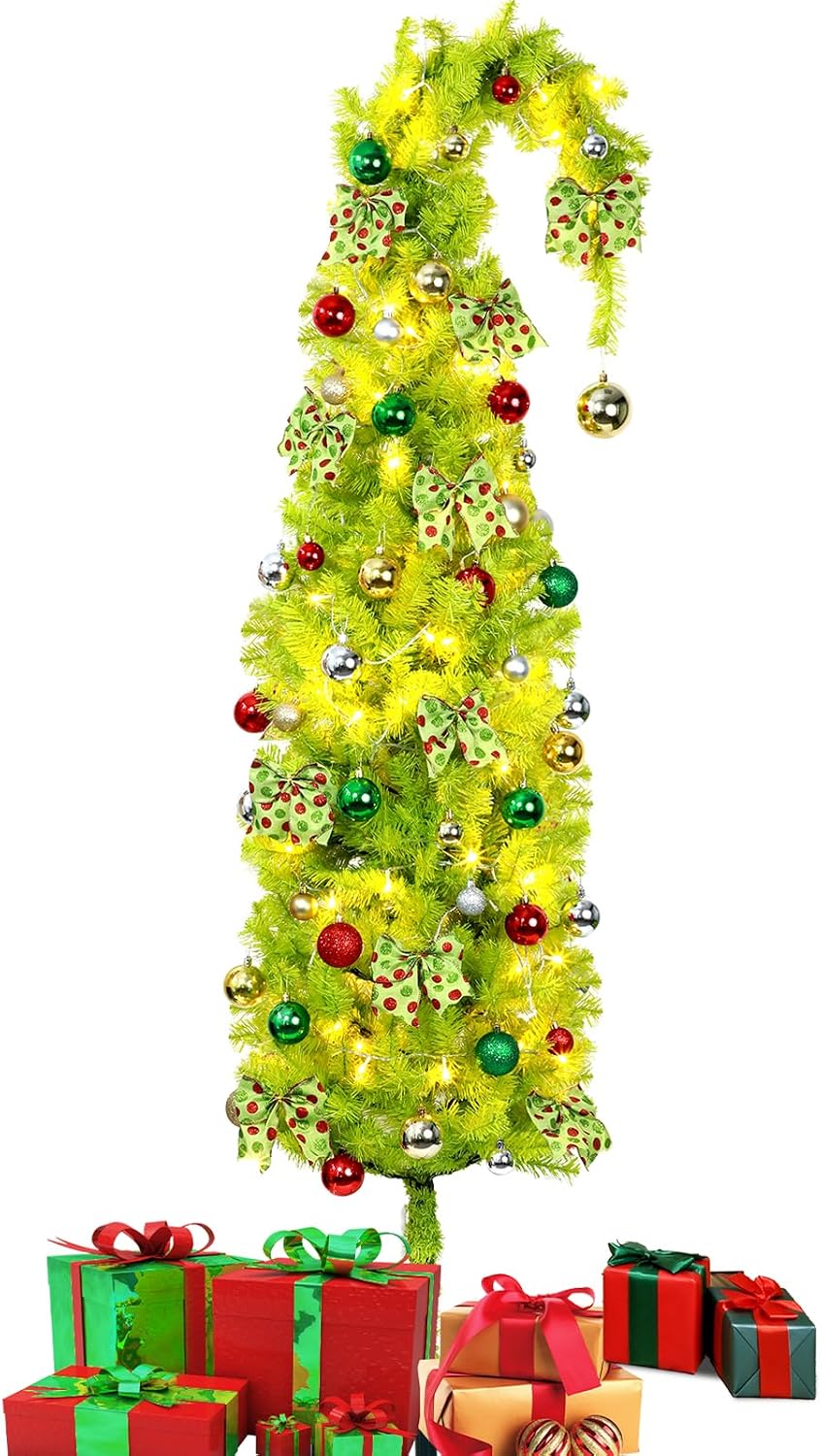 52pcs 9 Ft Artificial Lighted Christmas Tree with Stand Bendable Christmas Tree with String Lights Ball Bow Whimsical Plastic Prelit Xmas Trees Holiday Party Decoration for Room Home Office Decor