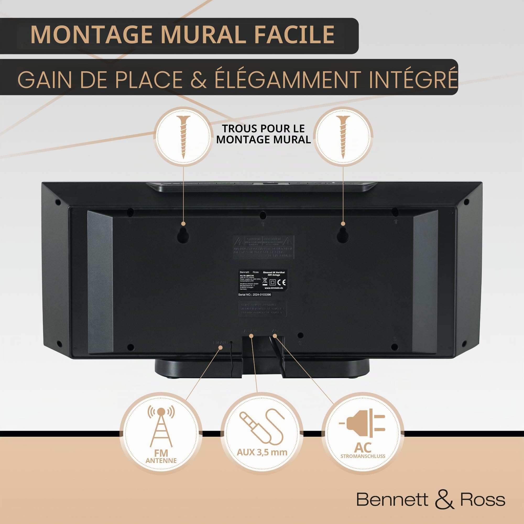 Bennett & Ross Ålesund Microchaîne hi-fi avec lecteur CD, MP3, UKW, USB, Bluetooth NFC - Installation murale ou sur pied - Argenté