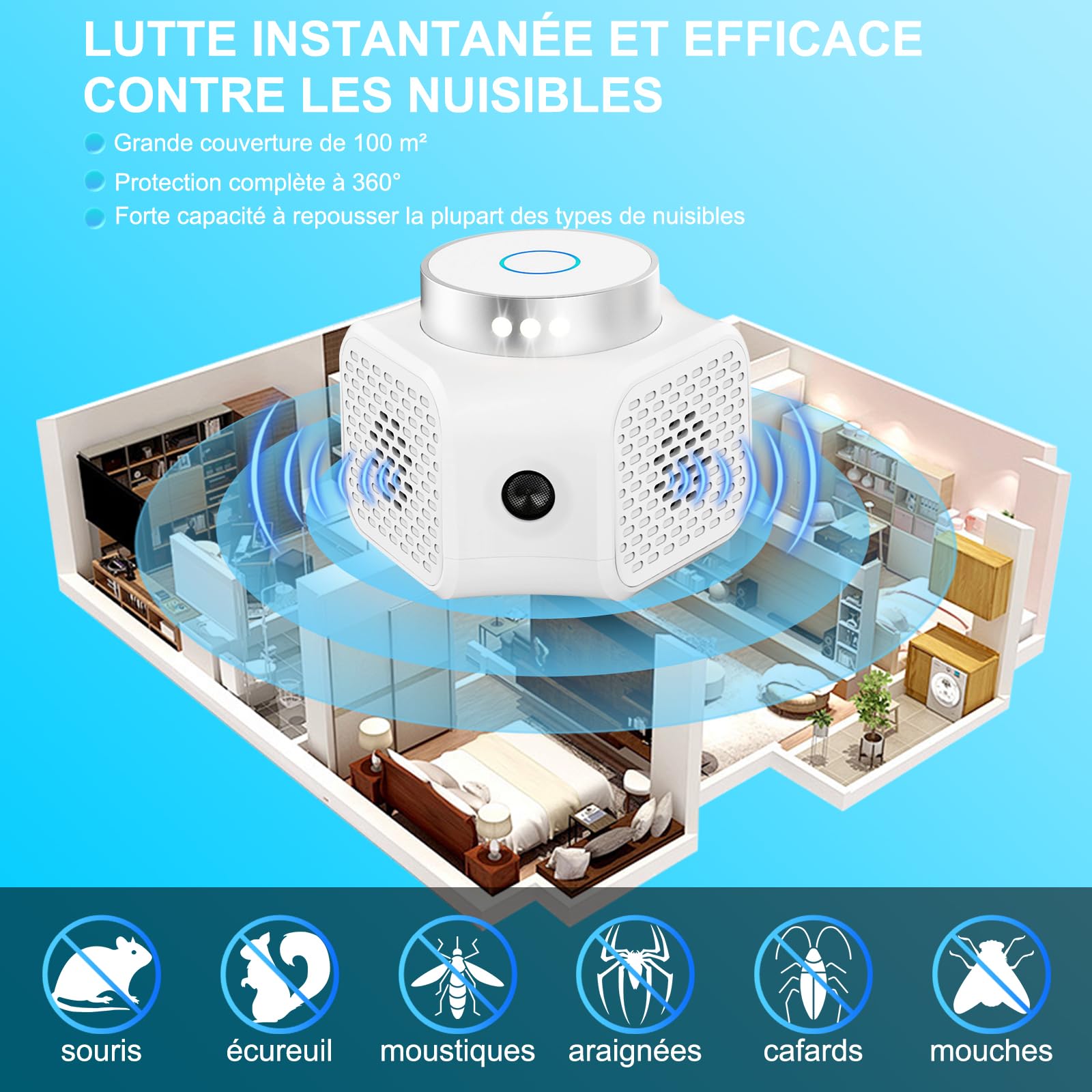 Ultrason Souris et Rats Puissant à Large Portée, 360° Répulsif Rat, Quatre Modes de Fonctionnement, Couvrant Une Surface de 100 Mètres Carrés Effets pour Rats, Souris, Campagnols et Loirs