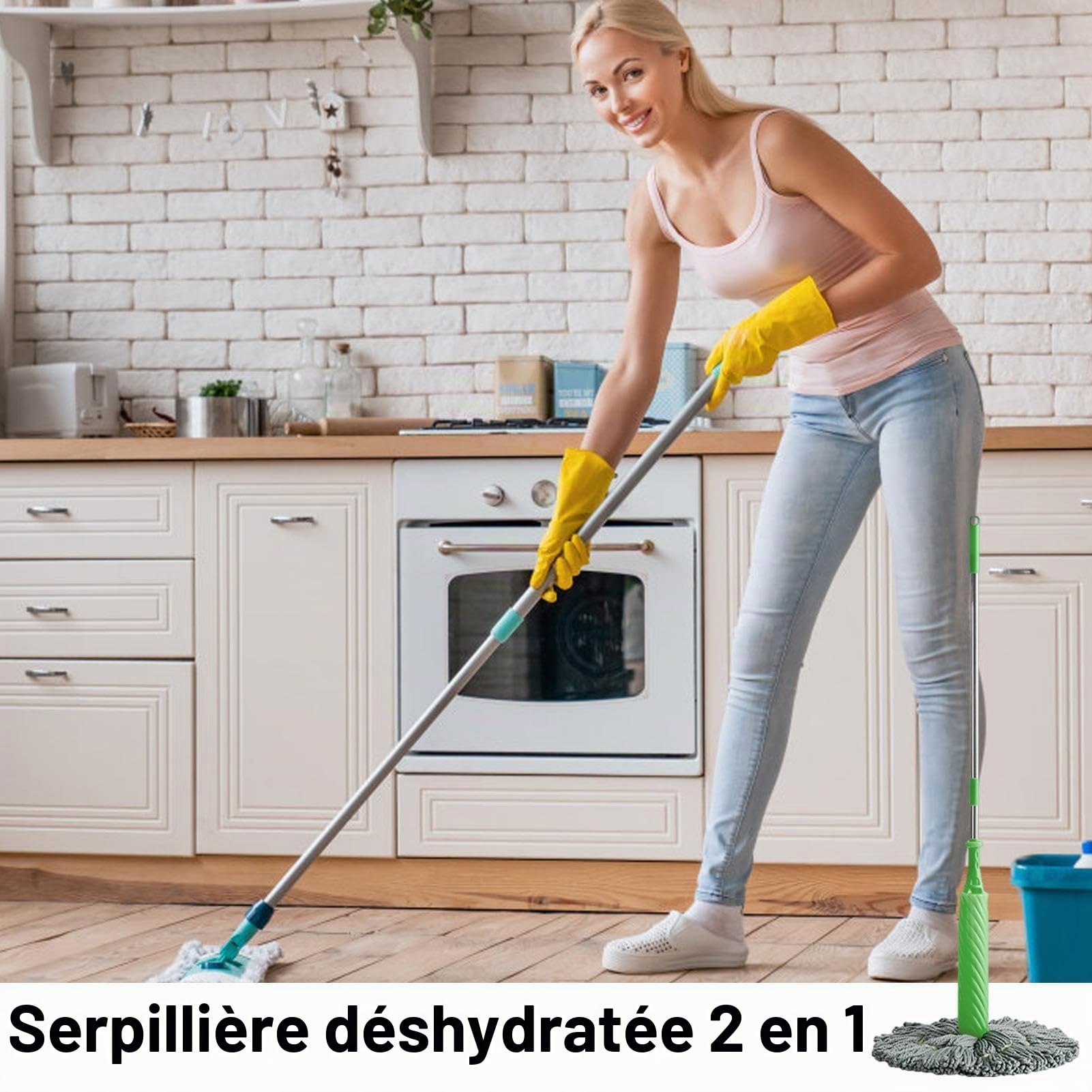 Balai Déshydratant 2 en 1, Balai À Essorage Rond pour Le Nettoyage des Murs À 360 Degrés, Vadrouille Déshydratée Nettoyante À Long Manche
