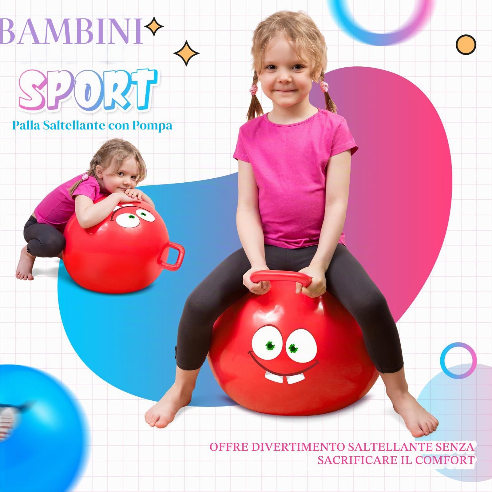 Sinmoe 4 Pallone per Saltare per Bambini dai 3 agli 8 Anni Diametro 50 cm | Pallone da Salto, con Pompa, Viluppa Equilibrio e Capacitá Motorie, Robusta, Resistente, per Estate, Parco o Asilo