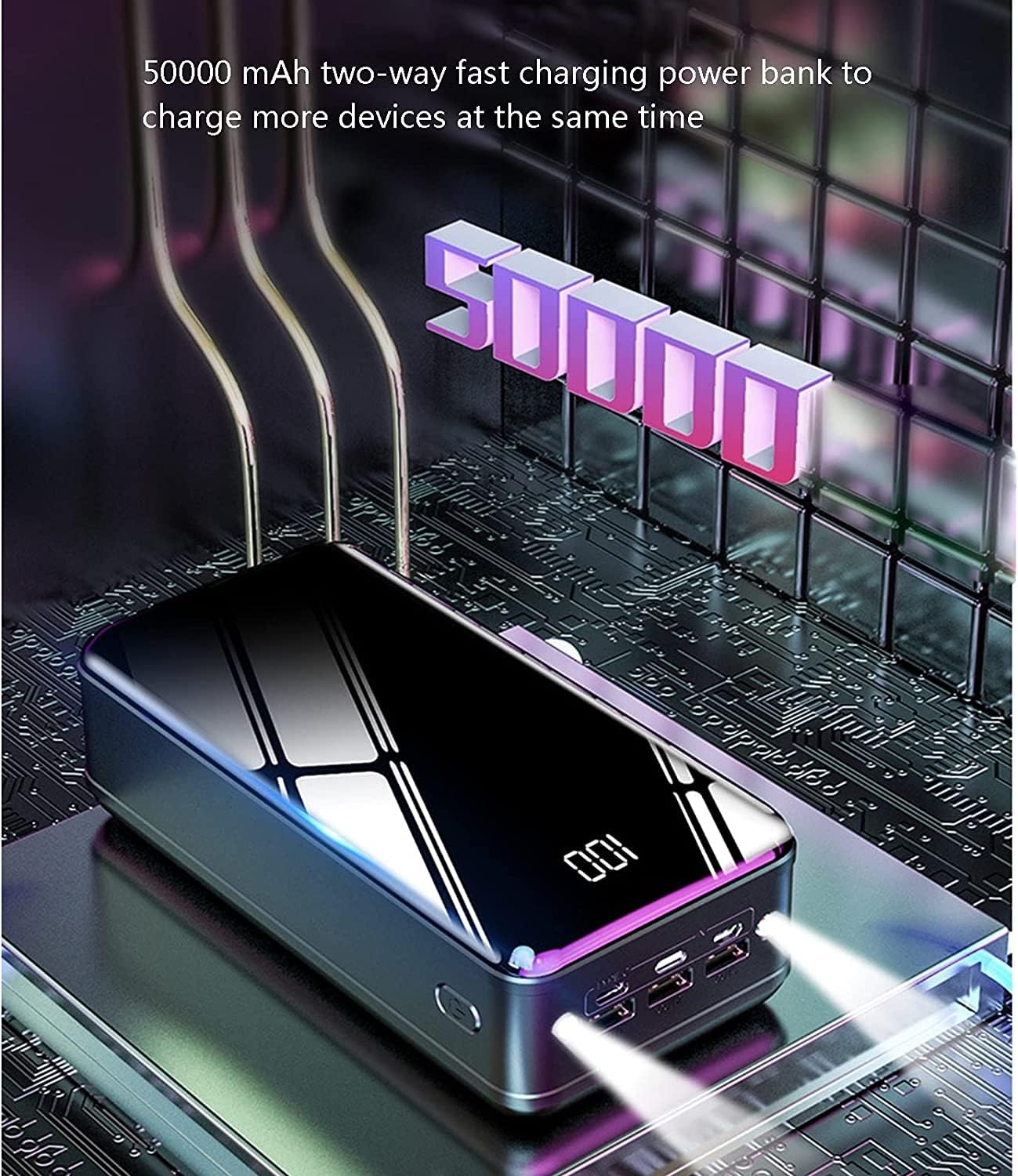 Impermeable Gran Capacidad De 50000 Mah Paquete De Batería Externa Cargador De Batería Portátil Power Bank 3 Salida 3 Entrada Carga Rápida Para Teléfonos Inteligentes, Tabletas, Consolas De Juegos(Bla