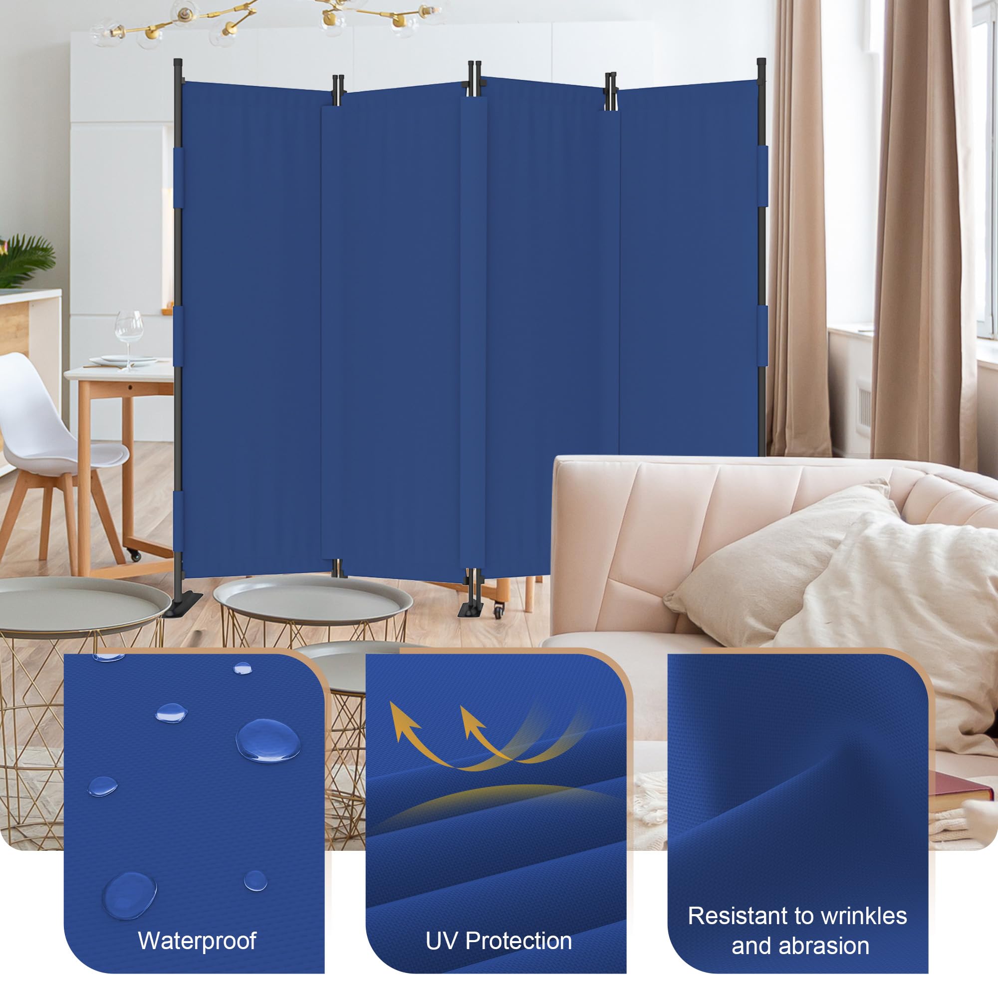 Cloison de séparation pliable à 4 panneaux, séparation très secrète de 223,5 cm avec 3 pieds en métal, séparateur mural léger et autonome pour chambre à coucher (bleu)