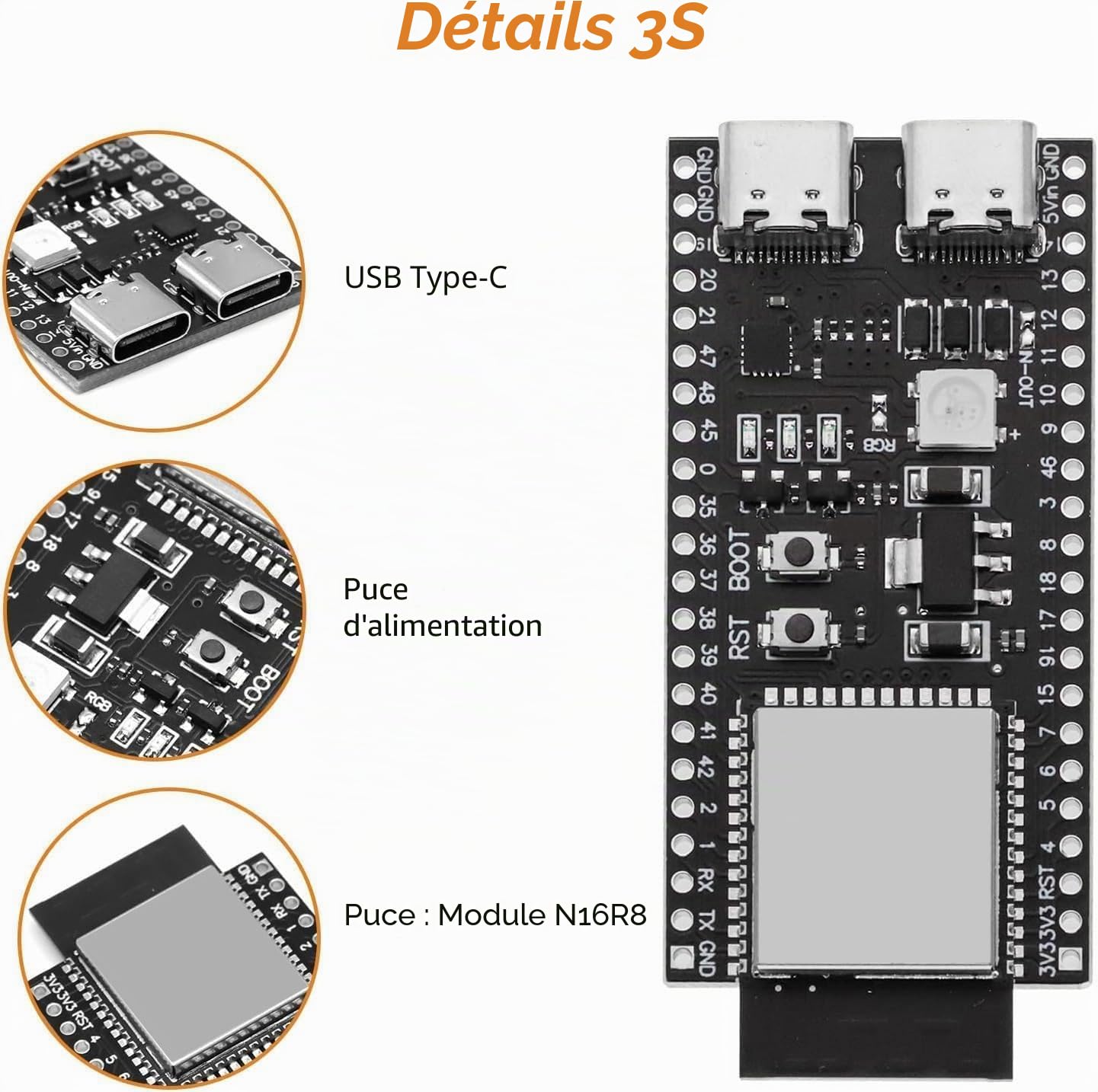 pour ESP-DevC-1-N16R8-S3 Carte de développement AYWHP 3 pièces Module pour ESP-DevC-S3 avec MCU Faible Puissance WM-1-N16R8 avec Double Mode Wi-FI et connecteur Bluetooth Type-C