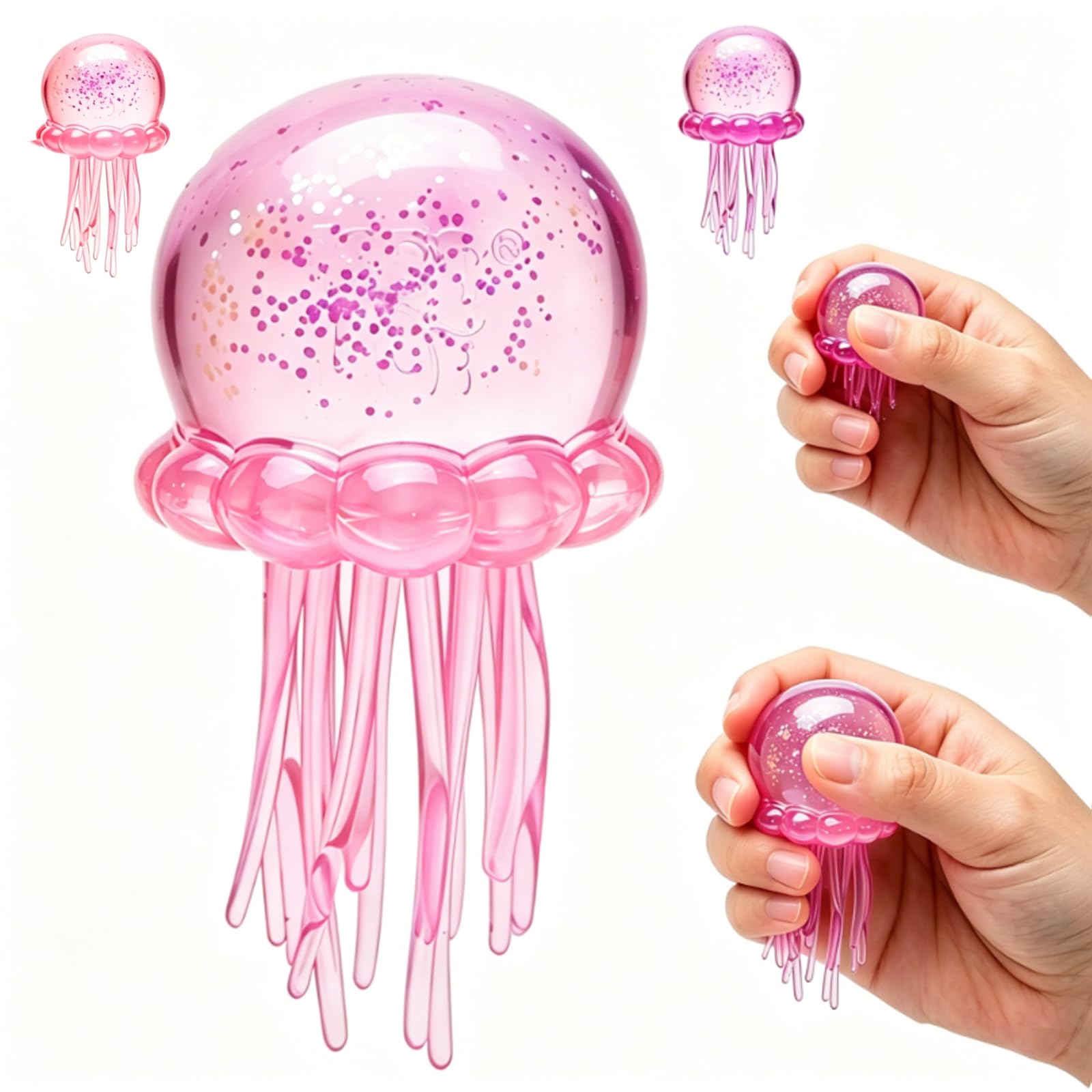Glitter Jellyfish Squishy Fidget Toy, Translucent Soft Squeeze Sensory Toy for Stress Relief, Portable Mini Toy for Office School Travel (Pink)