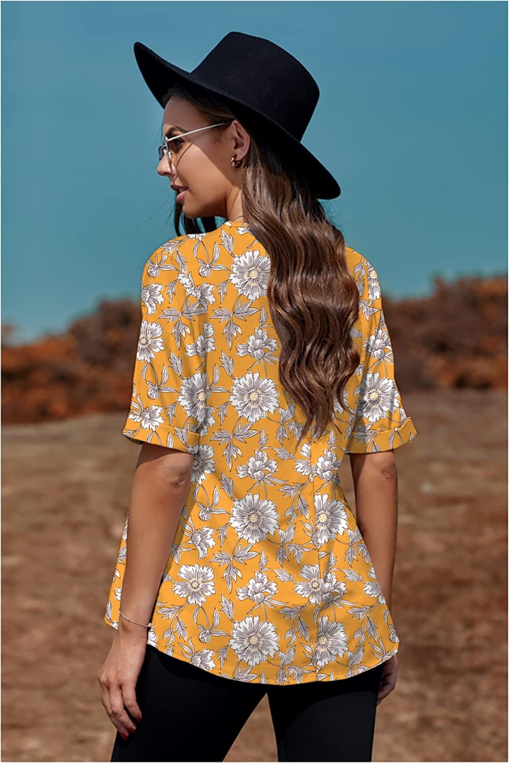 Necooer Women’s Summer Chiffon Blouse Casual Short Sleeve V Neck Shirt Loose Printed Cuffed Sleeve Tunic Tops for Women (Small,Y-Yellow) - Image 3