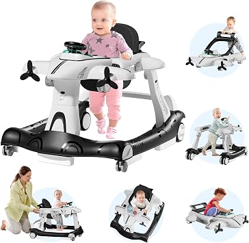 Xilingol 6-in-1 Foldable Baby Walker,Push Along Walkers with Adjustable Height & Speed, Music, Lights, Steering Wheel,Converts Push Car to Bouncer, Ages 6-18 Months