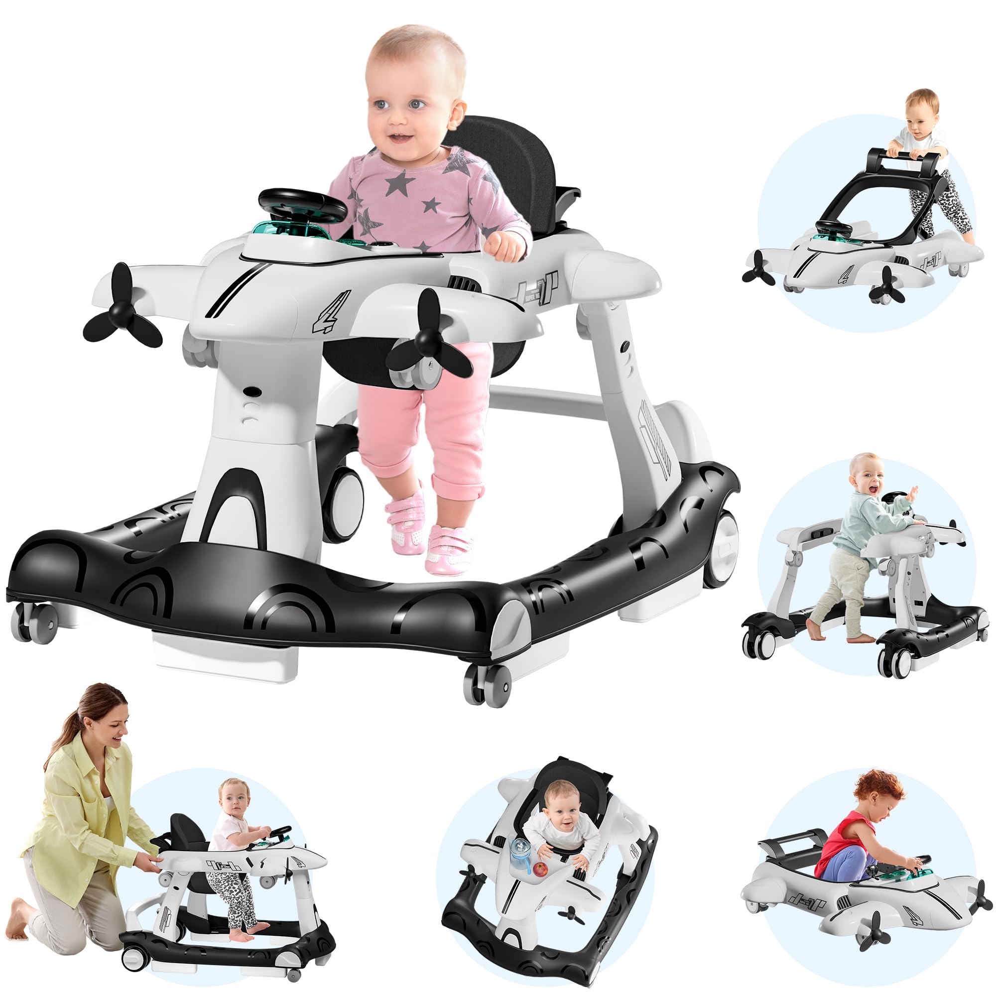 Xilingol 6-in-1 Baby Walker, 3-Level Adjustable Height & Speed Activity Walker with Padded Seat, Foldable Toddler Push Walker for 6-18 Months Boys & Girls, Anti-Rollover with Music & Light