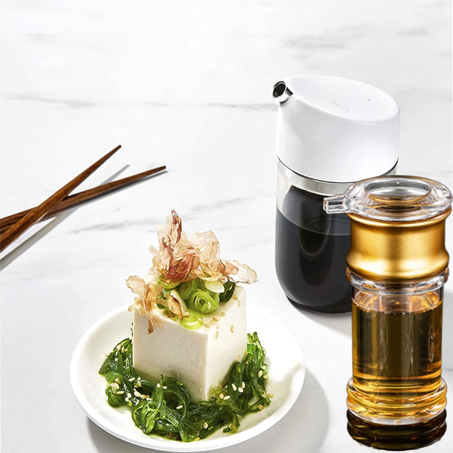Oil Dispenser, Olive Oil Dispenser Bottle, Acrylic Transparent Gold Leak Proof Oil Bottle Liquid Seasoning Pot Soy Sauce Vinegar Pot for Kitchen(M)