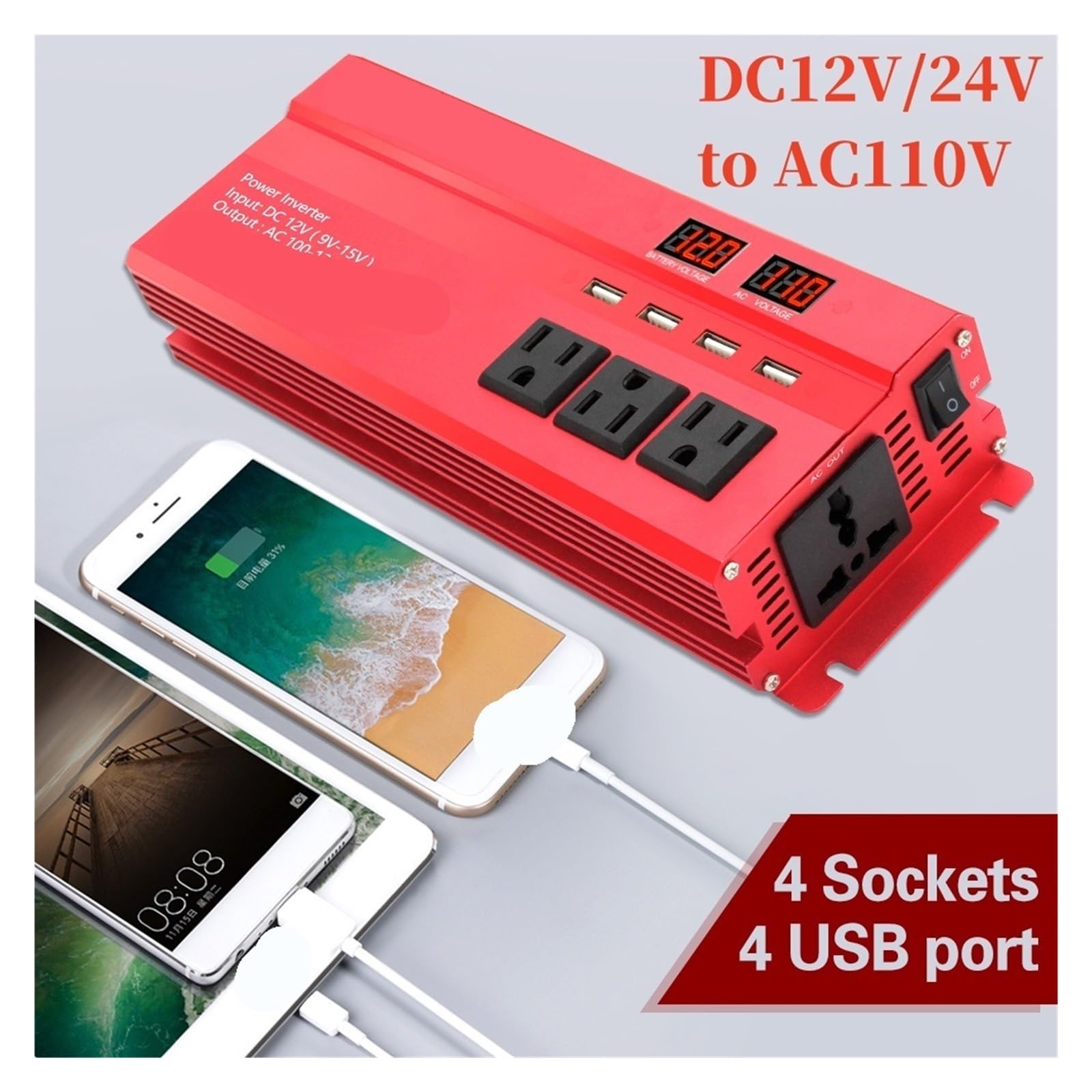 12V do 5000W 6000W Inwerter mocy Wyświetlacz LED Inwerter solarny Podwójne szybkie ładowanie USB(6000W-12V-110V-Black)