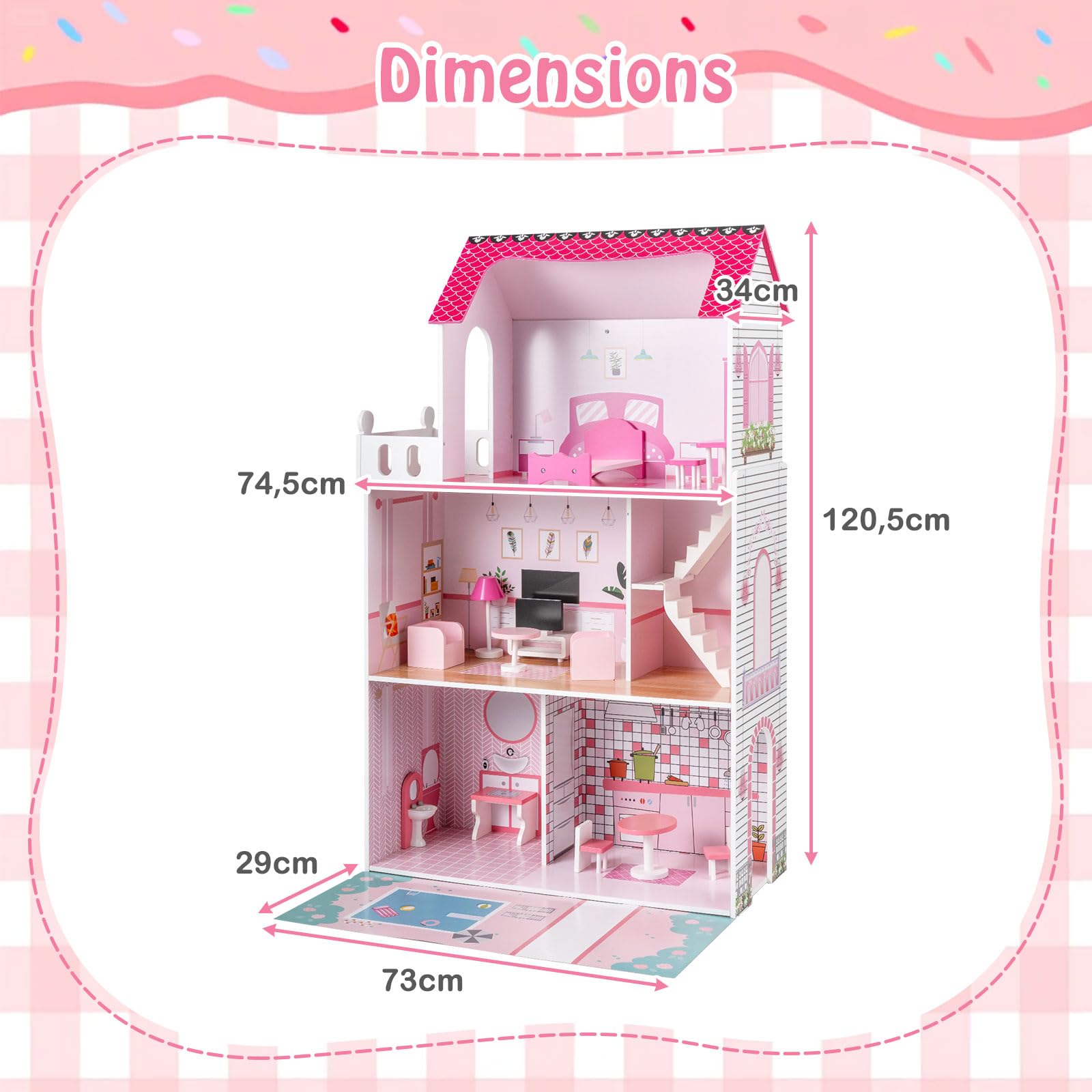 FANTASK Drewniany domek dla lalek 120,5 cm wysokości, willa dla lalek z 3 poziomami i 17 meblami, domek do zabawy dla dziewczynek i chłopców od 2 lat, 73 x 34 x 120,5 cm (różowy)