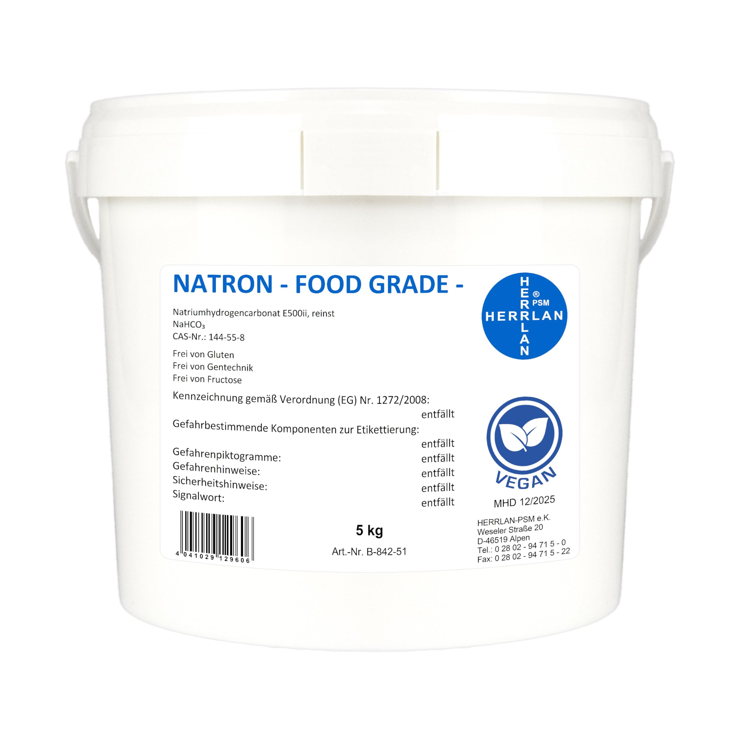 HERRLAN® Natron Pulver 5 kg – Backnatron, Speisesoda & Baking Soda | E500ii Baking Soda in hochreiner Lebensmittelqualität, vielseitig verwendbar als Backnatron, Speisesoda und Haushaltshilfe.
