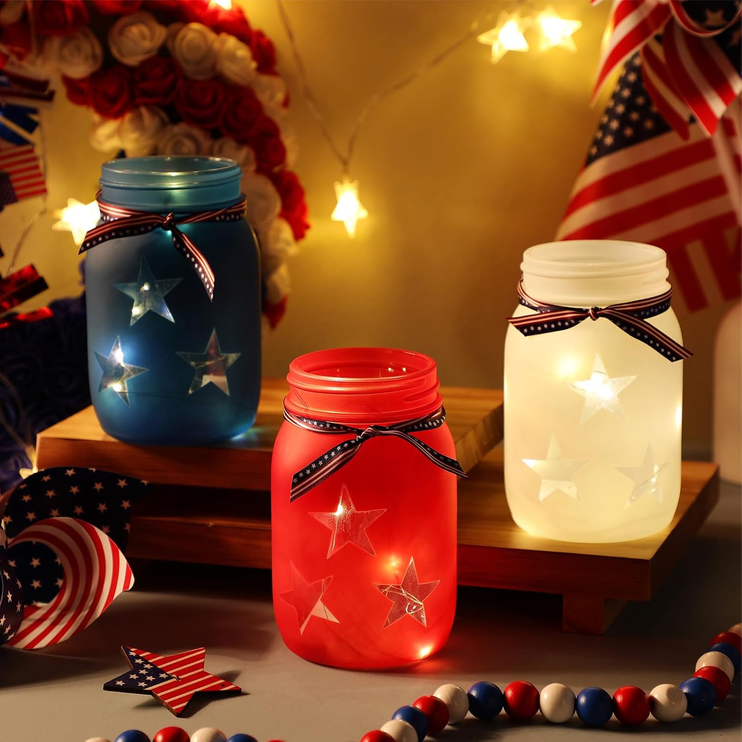 Domensi 4th of July Patriotic Table Decoration Set Rustic Mason Jar Tea Light Candle Holders with String Lights for Independence Day Centerpiece Transparent Mason Jars Labor Day Supplies