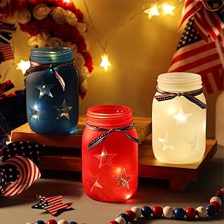 Domensi 4th of July Patriotic Table Decoration Set Rustic Mason Jar Tea Light Candle Holders with String Lights for Independence Day Centerpiece Transparent Mason Jars Labor Day Supplies