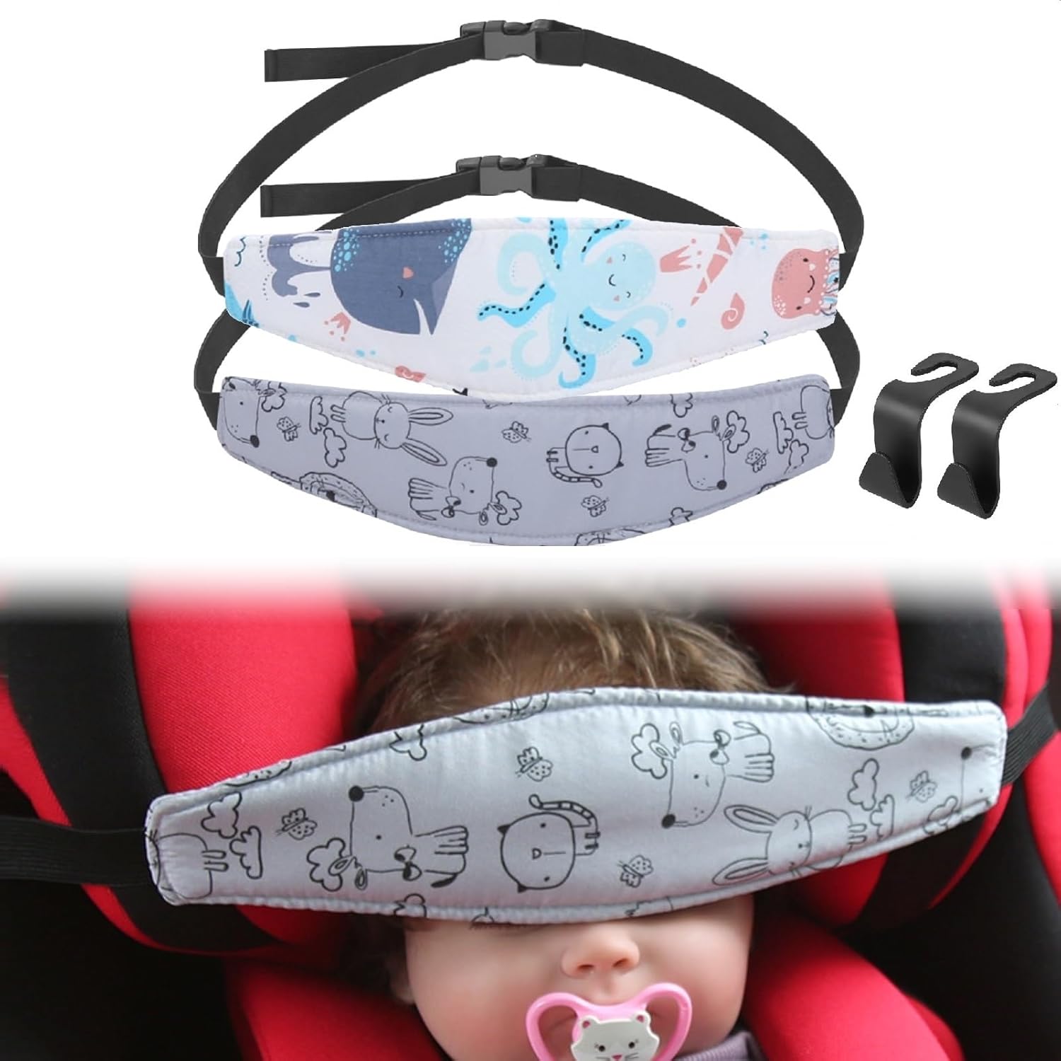 Child Seat Headrest, Car Seat Safety Belt, Holder for Children, 2 x Adjustable Head Seat Strap Baby Belt Support Headband Baby Head Support Car Seat