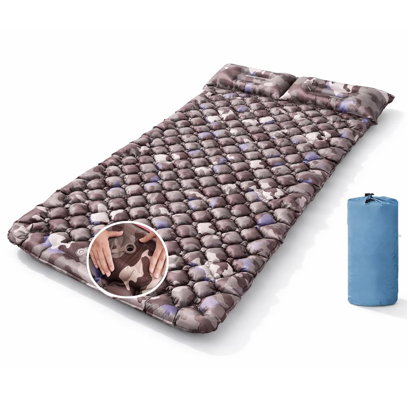 HI FINE CARE Tapis De Couchage Gonflable Camping Avec Oreiller Et Pompe Intégrée - Matelas Léger