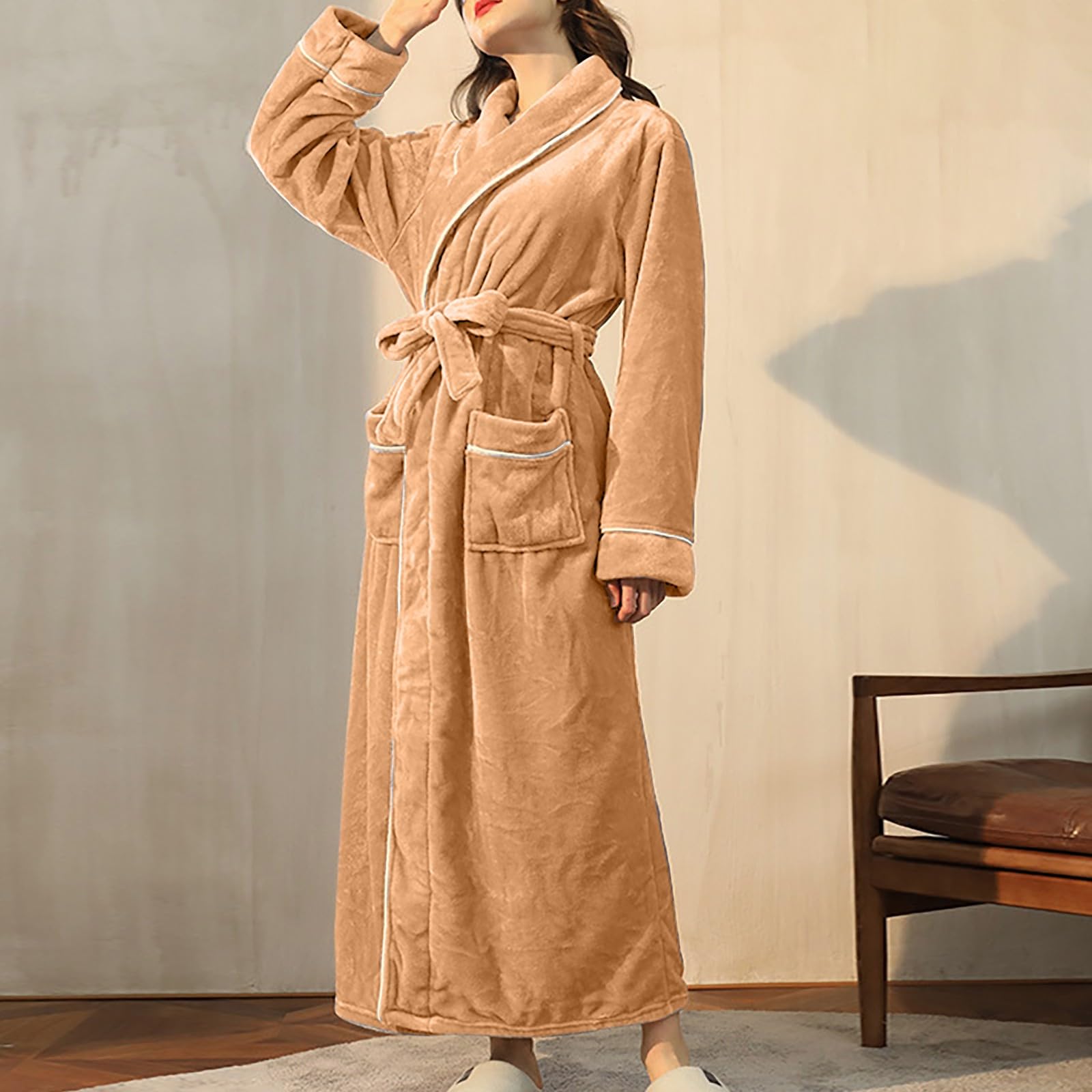 Bademantel Damen Flauschig lang, ohne kapuze, maxi, Verdicken Morgenmantel Nachtwäsche Weich Bequeme Saunamantel Kimono Robe mit Taschen