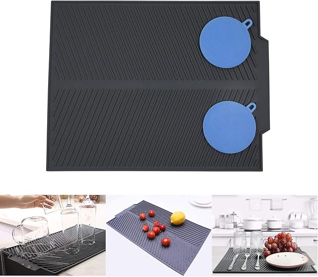 NewWe Silicone Dish Drying Mat Large Self Draining Board Mat with 2 Multifunctional Silicone Scrubber, Folding Drainer Mat for Countertop Heat Resistant Trivet Mat Dishwasher Safe 17''X13'' (Grey)