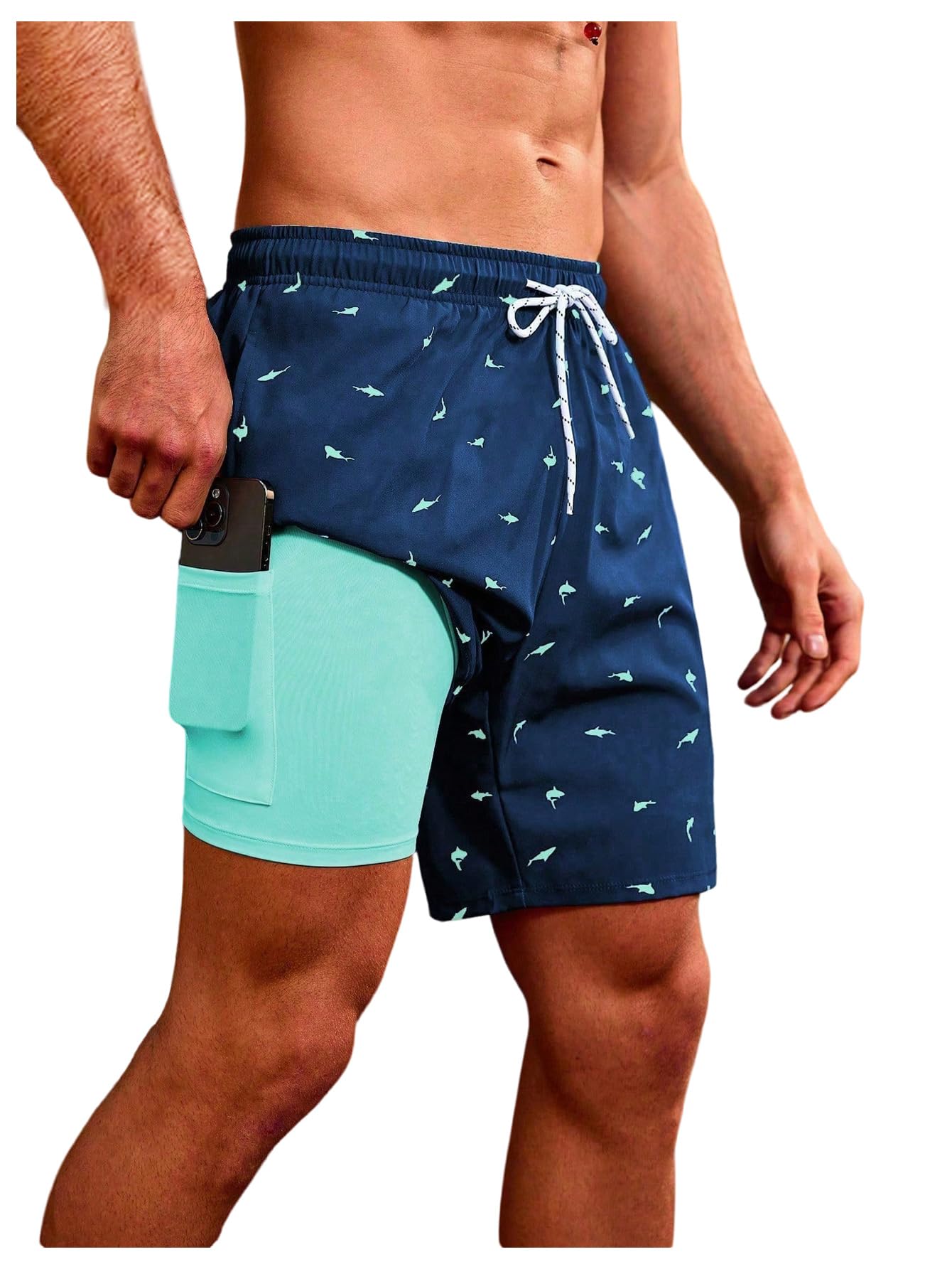 WDIRARA Men's Shark Print Quick Dry Beach Shorts Drawstring Waist Swim Trunks with Compression Liner and Pocket Blue Large