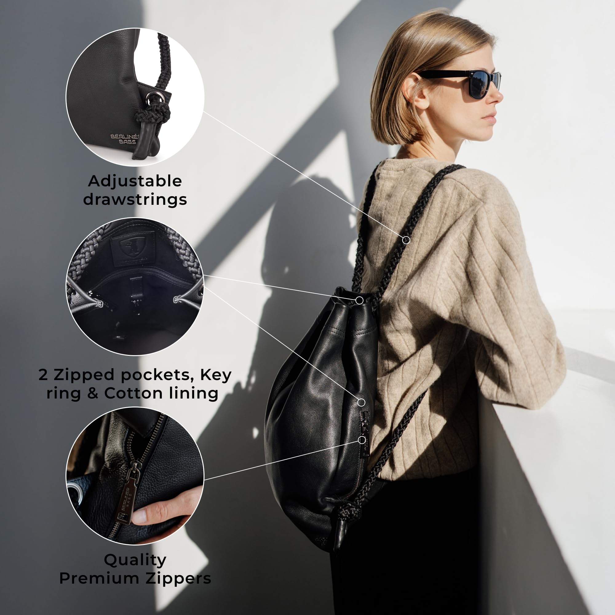 Berliner Bags Premium Gym Bag ze skórzanym sznurkiem, torba sportowa dla mężczyzn i kobiet - czarna, czarna, jeden rozmiar, czarny, Taille unique