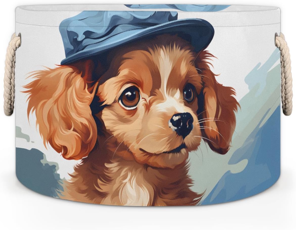 Cartoon Dog Round Baby Gift Baskets,Blue Hat Round Decorative Storage Box Canvas Fabric Organizer with Handles,Baskets Bin for Home Shelves Closet Nursery Gifts