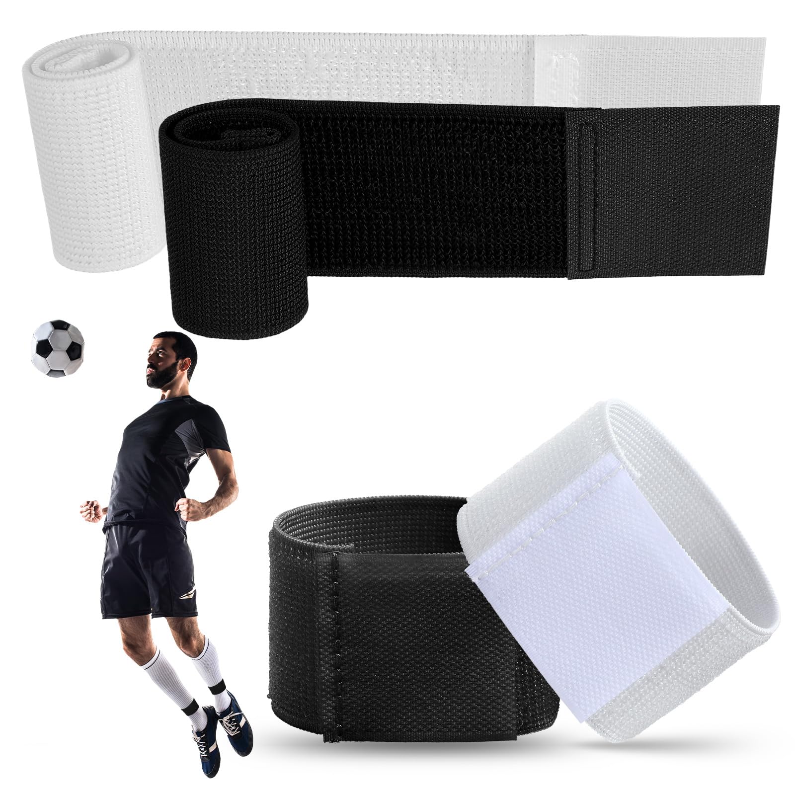 Grevosea 4 Pcs Soccer Shin Guard Straps, Adjustable Shin Guard Sleeves Holders Football Sock Bands Shinguard Stays for Kids Youths Adults Sports Running (Black, White)