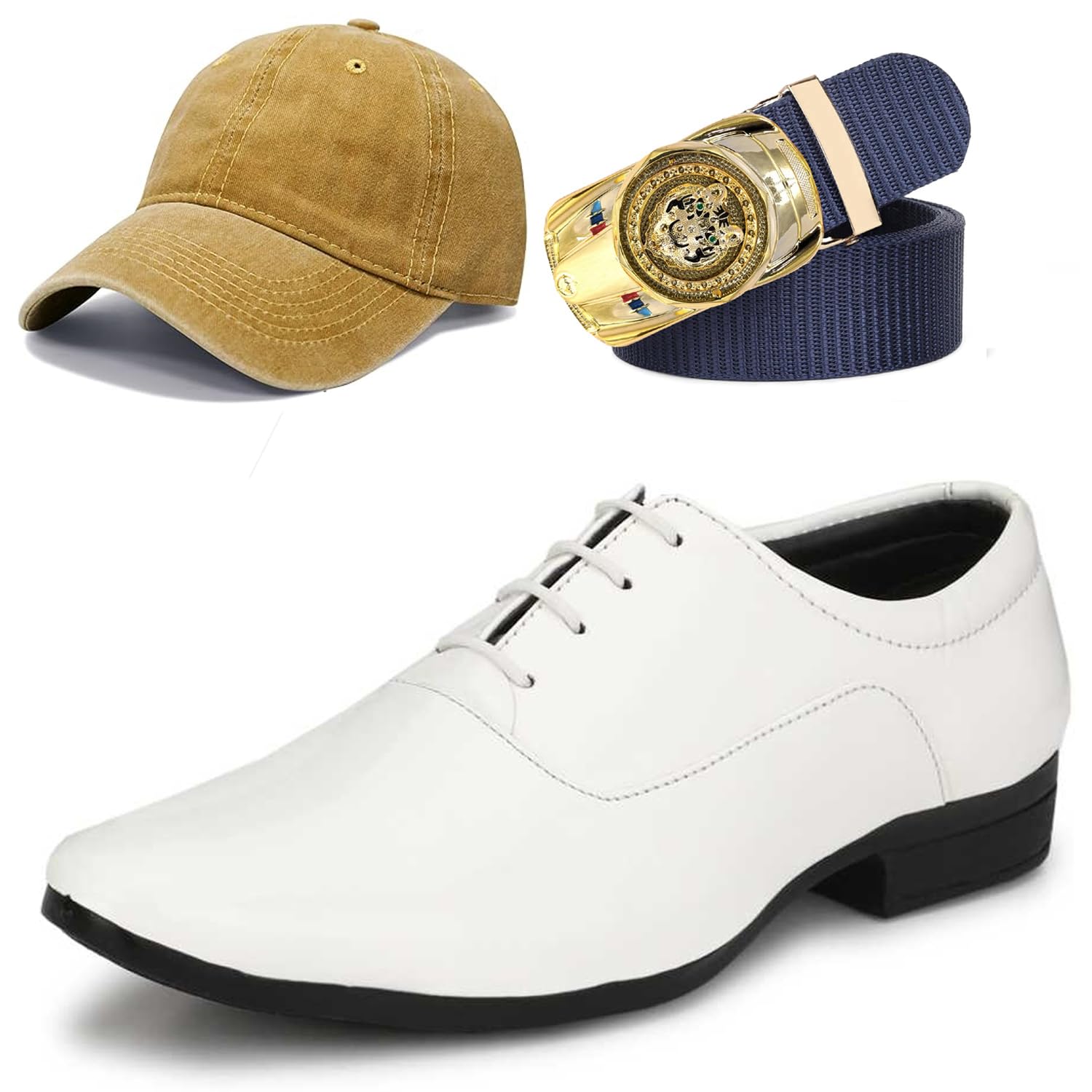 Formal Shoes with Free Base Ball Cap & Free Belt Combo for Men & Boys White-image-33