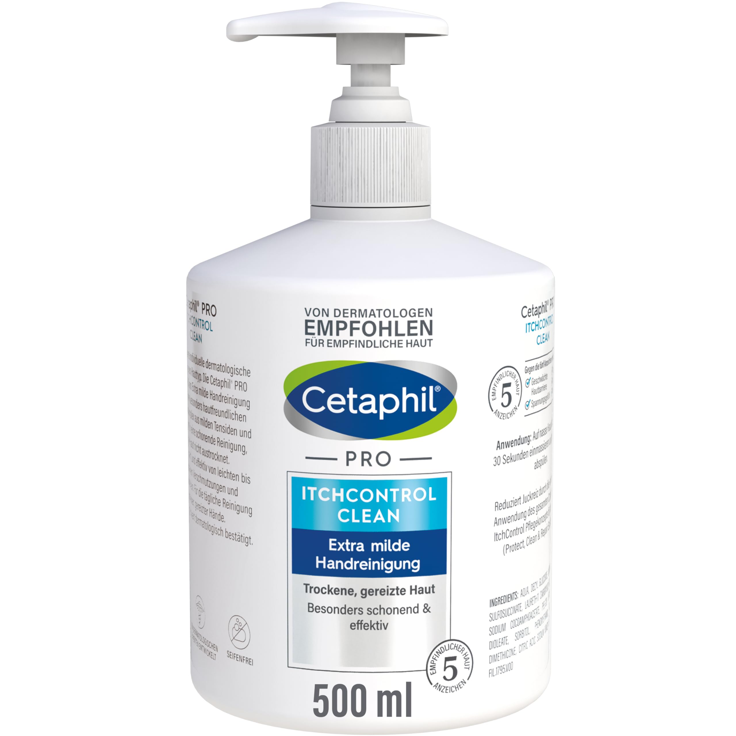 CETAPHIL PRO ItchControl Clean Extra Milde Handreinigung, 500ml, Für trockene, gereizte Haut, Entfernt 99 Prozent der Bakterien sowie Verschmutzungen besonders schonend und effektiv, Vegan, Seifenfrei